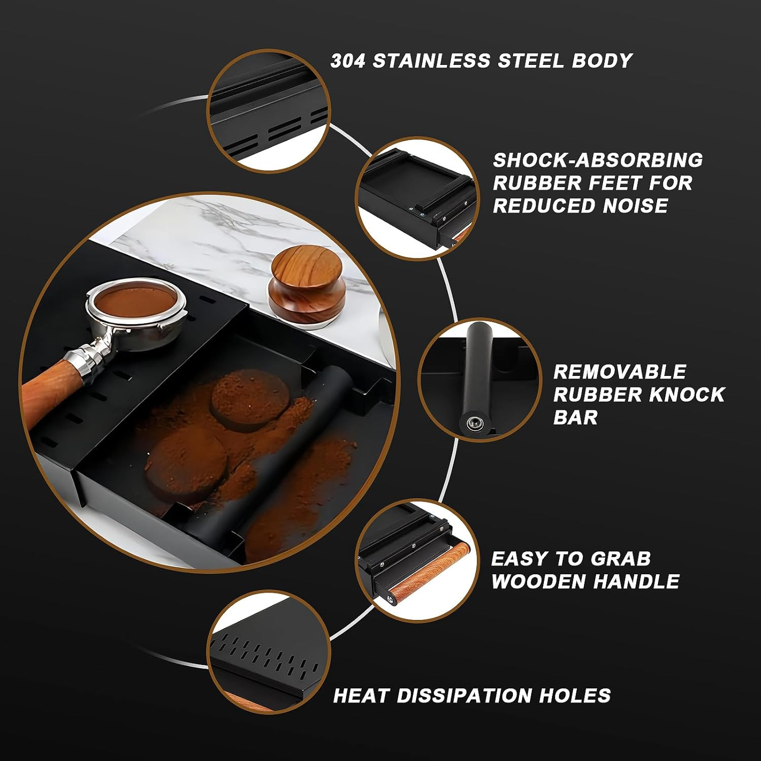 Stainless Steel Espresso Knock Box with Wood Handle & Non-Slip Base