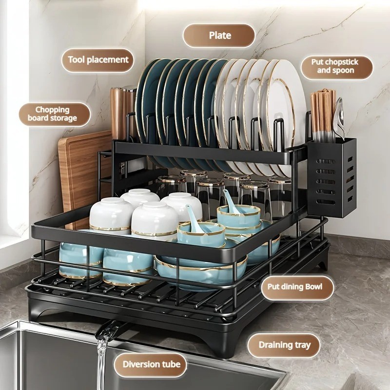 2 Tier Dish Drying Rack Foldable Stainless Steel Dish Drainer Kitchen Counter