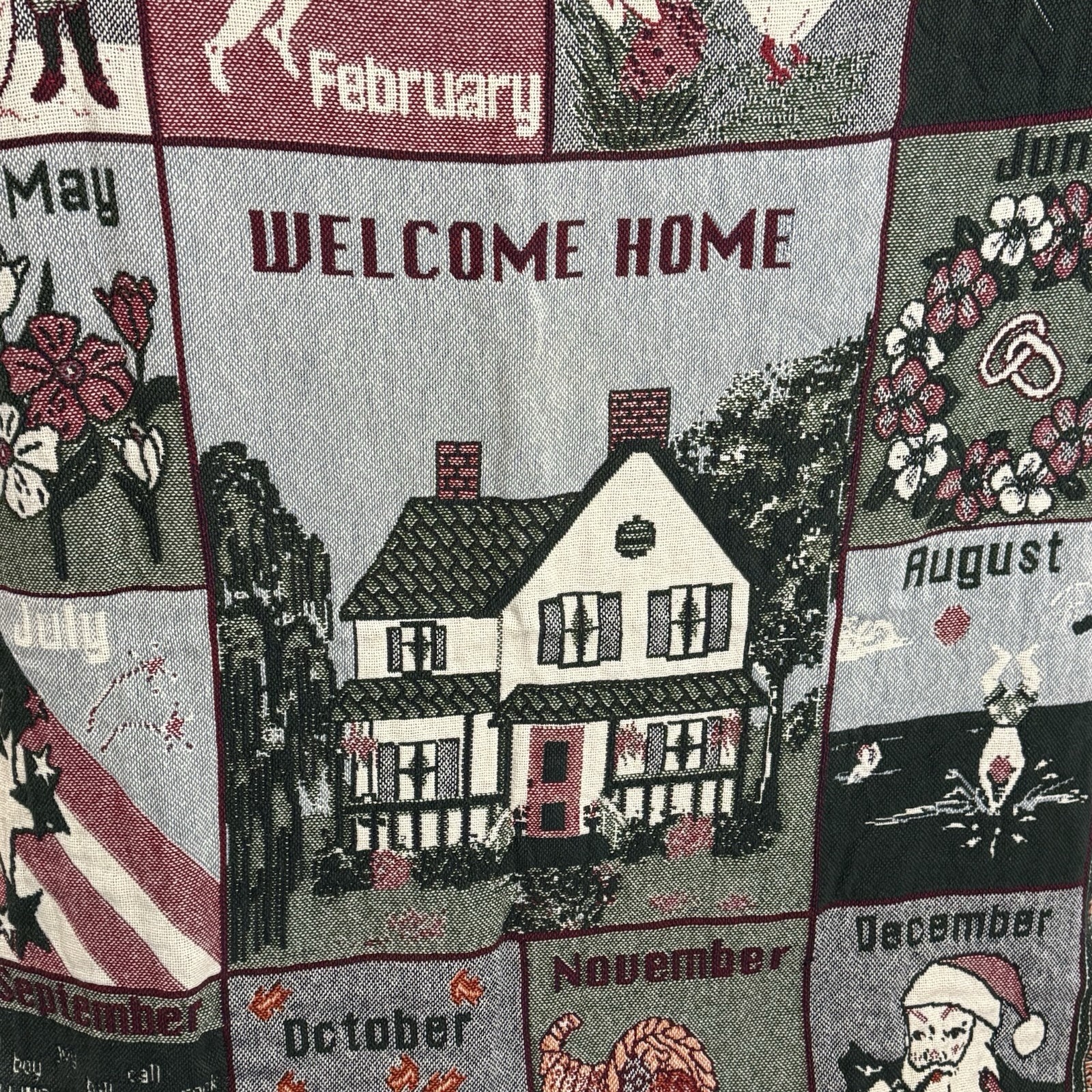 VTG 90s Tapestry Throw Blanket Welcome Home Calendar Holidays 12 Months EUC