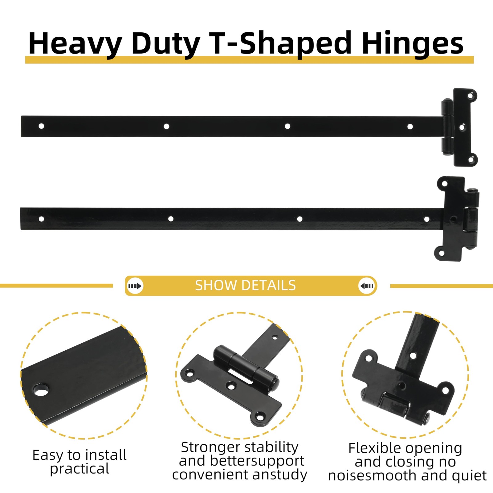 24in Heavy Duty gate Hinges 1760Lbs Capacity, 4 Pcs T-Strap 24 Inch, Black