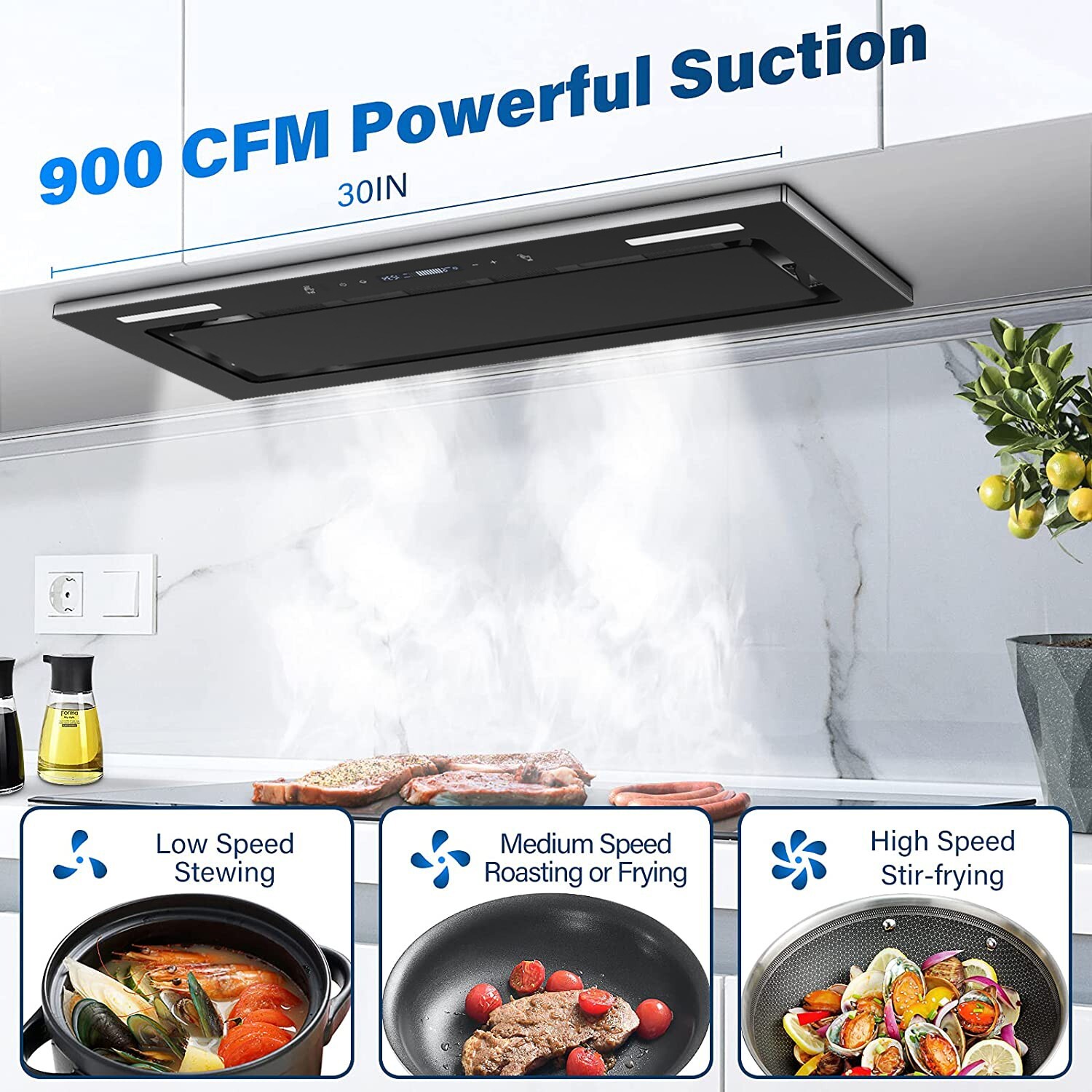 30in Built-In/Insert Range Hood 900CFM Kitchen Stove Vent 9-Speed Touch Control