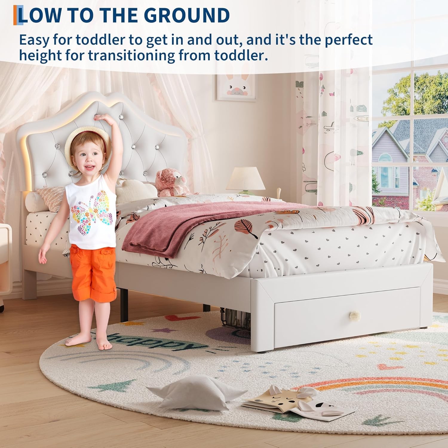 Twin Size Upholstered Bed Frame w/ Storage Drawer & LED Headboard for Kids/Girls
