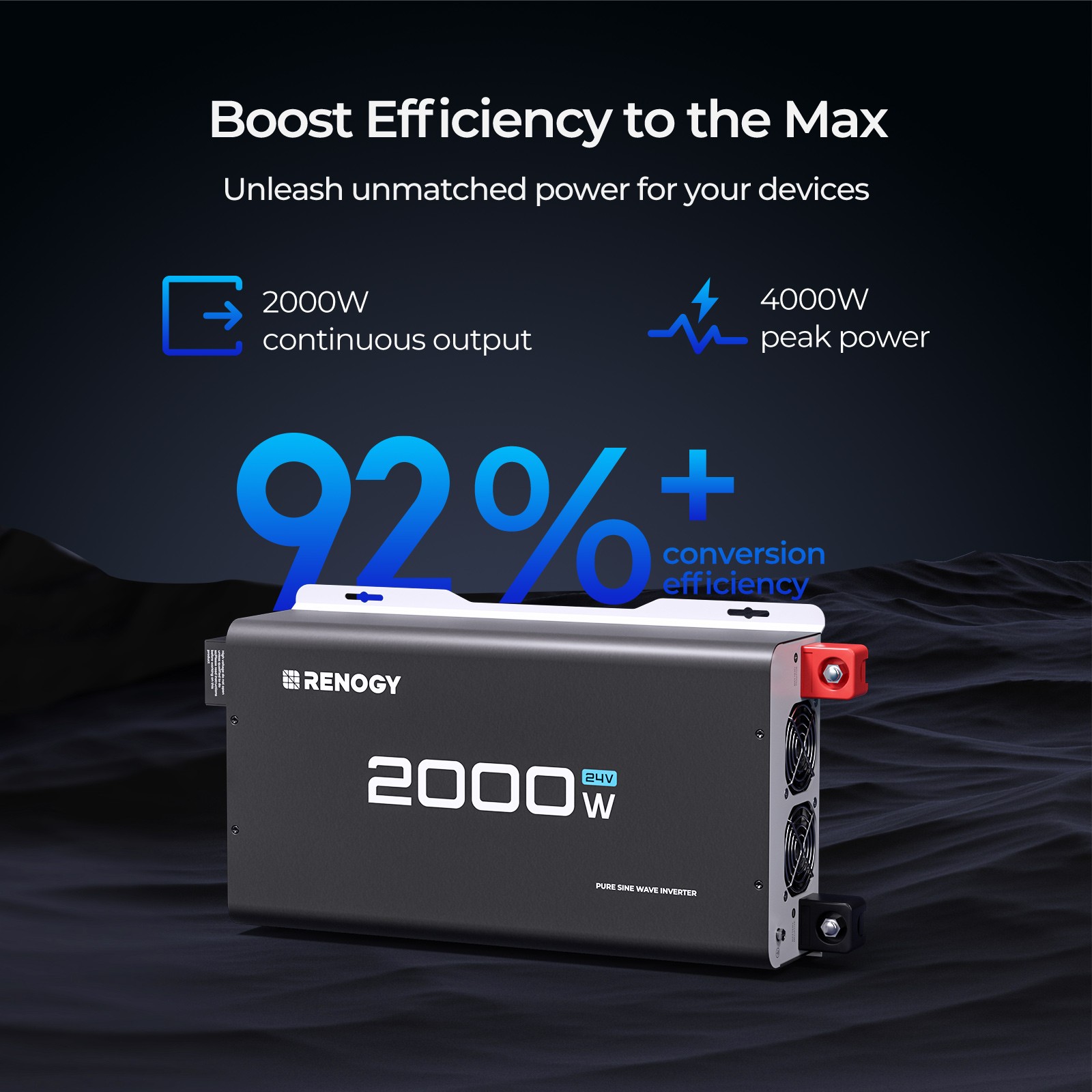 Renogy 2000W 24V Pure Sine Wave Inverter 92% Energy Efficiency w/2 AC Outputs