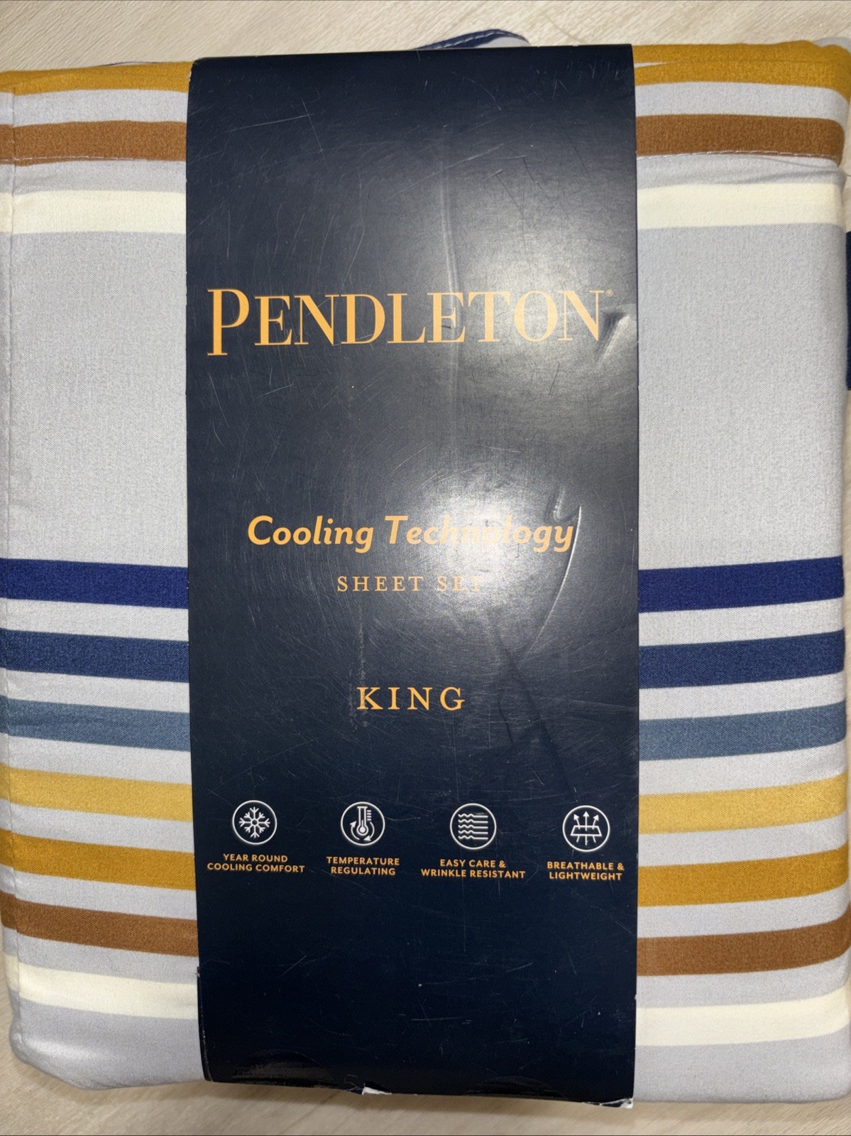 NWT PENDLETON BLUE GRAY STRIPE STRIPED COOLING TECHNOLOGY KING SHEET SET