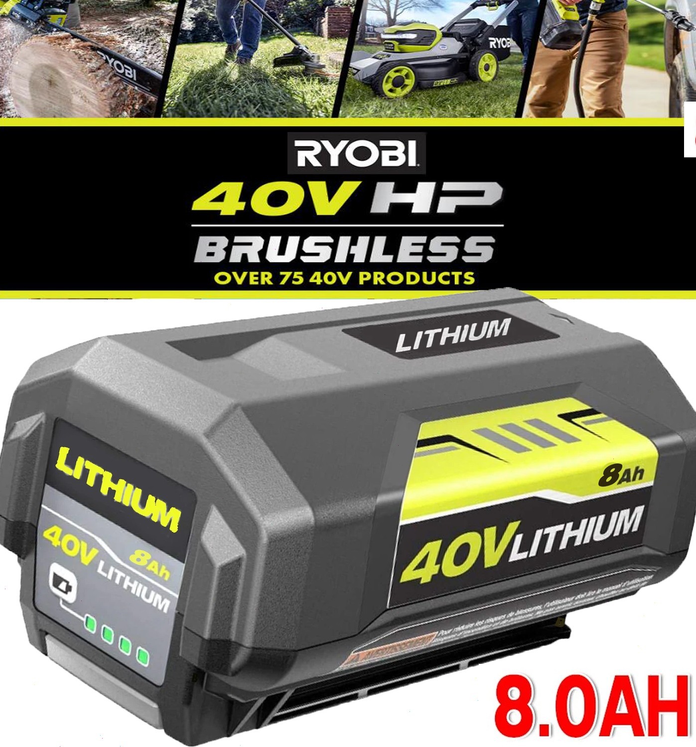 2X Battery & Charger For Ryobi 40V With LED Lithium-Ion 40-Volt OP406VNM OP40602