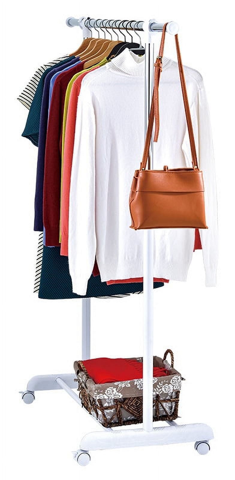 Adjustable Metal Rolling Garment Clothes Rack, Chrome & White