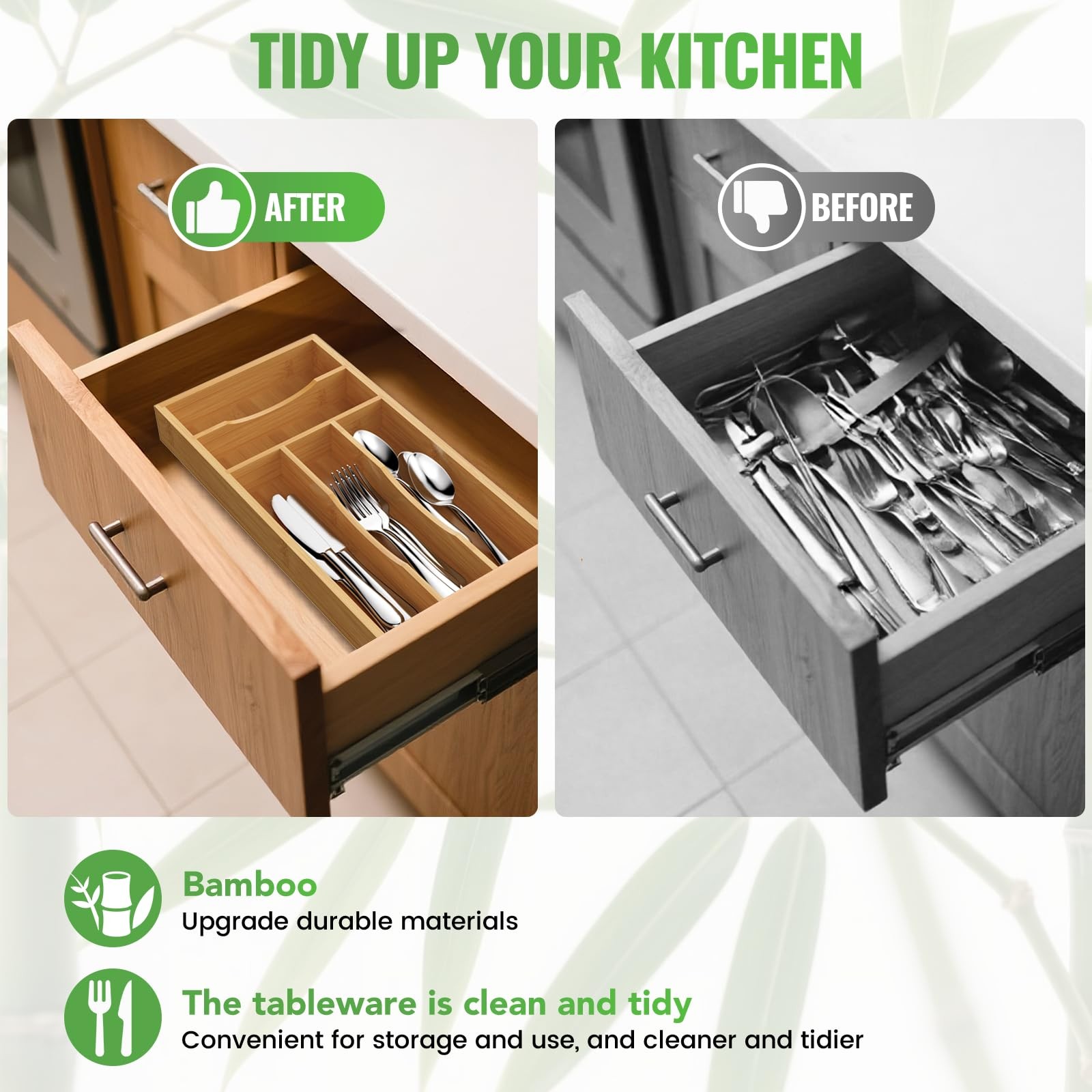 Bamboo Silverware Organizer for Kitchen Drawer Cutlery Utensil Tray 6.7×14.2 in.