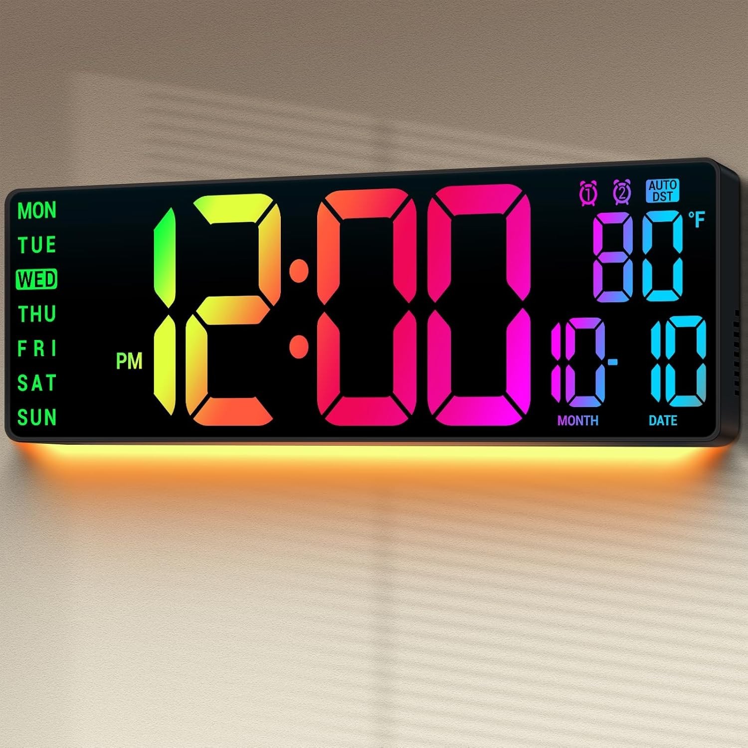 Large LED Digital Clock, 11 Color Changing, Remote Control, Multicolor