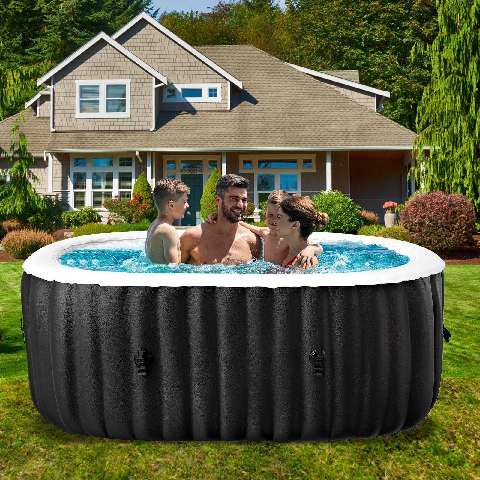 H&ZT 2 Person Inflatable Hot Tub w/Table Leak-Proof PVC Outdoor Spa 100 Air Jets