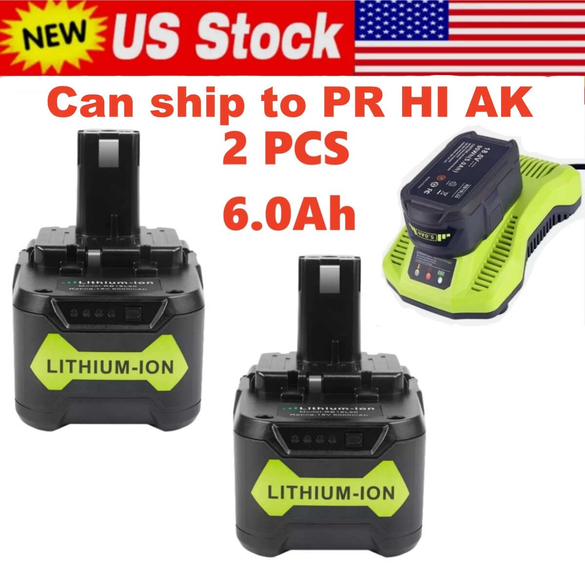 2 PACK 18V 6.0Ah Battery For Ryobi+P117 Battery Charger For Ryobi 18V Batteries