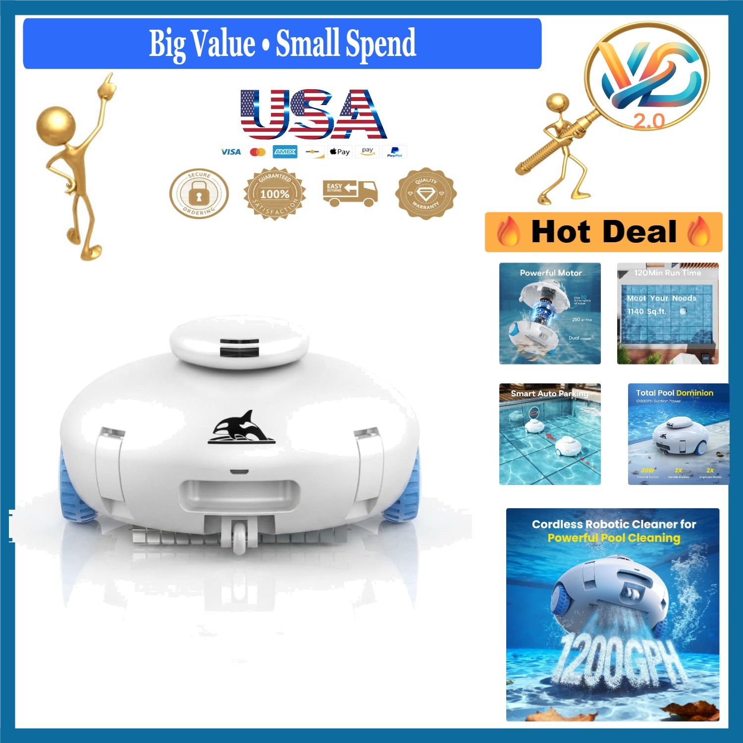 New K2 Cordless Robotic Pool Cleaner 120Min Runtime Suction Pool Vacuum