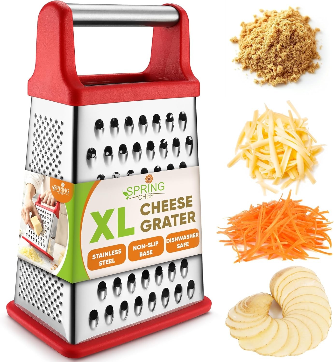 Stainless Steel XL Cheese Grater for Kitchen, Red | 4 Sided Manual Metal Box …