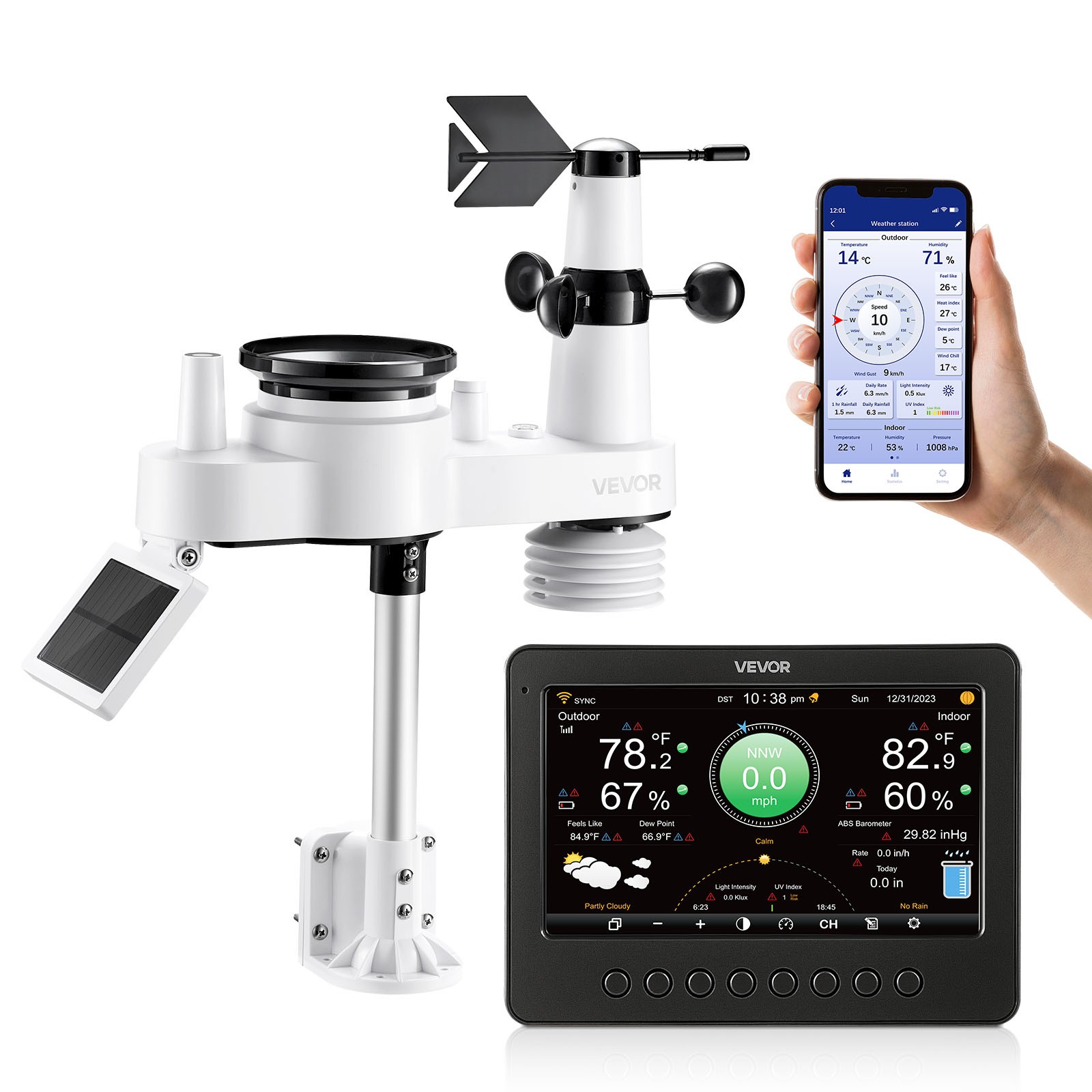 VEVOR 7-in-1 Wi-Fi Weather Station with 7″ TFT Display Wireless Outdoor Sensor