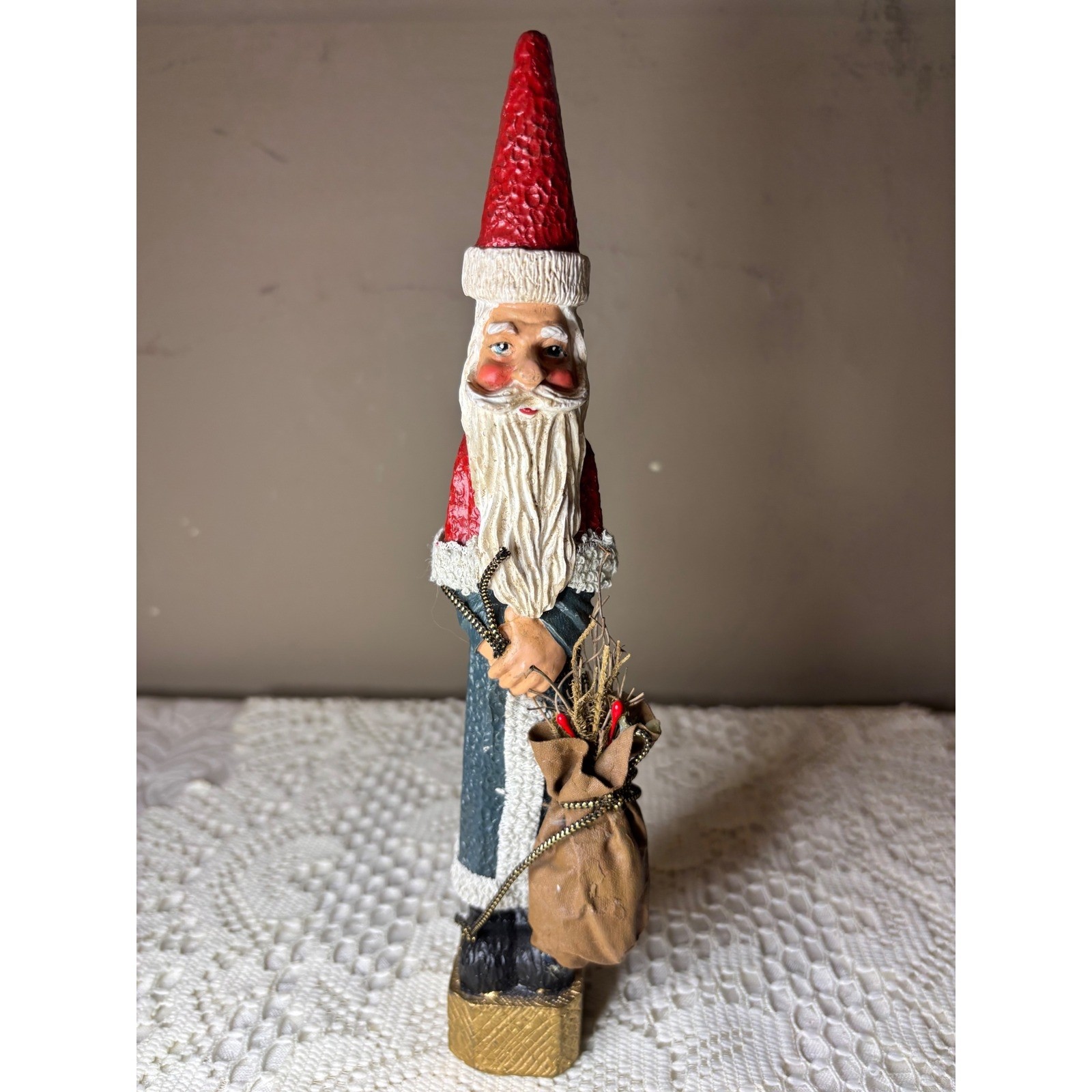 Vintage Folk Art Tall Slender Santa Claus Figurine Red Blue Holiday Decor 9.5in