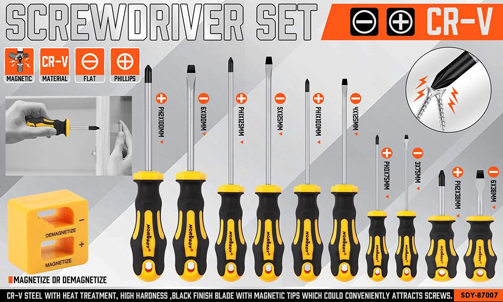 Magnetic Screwdriver Set 11-Pieces 5 Phillips 5 Flat Head Tips Magnetizer Tool