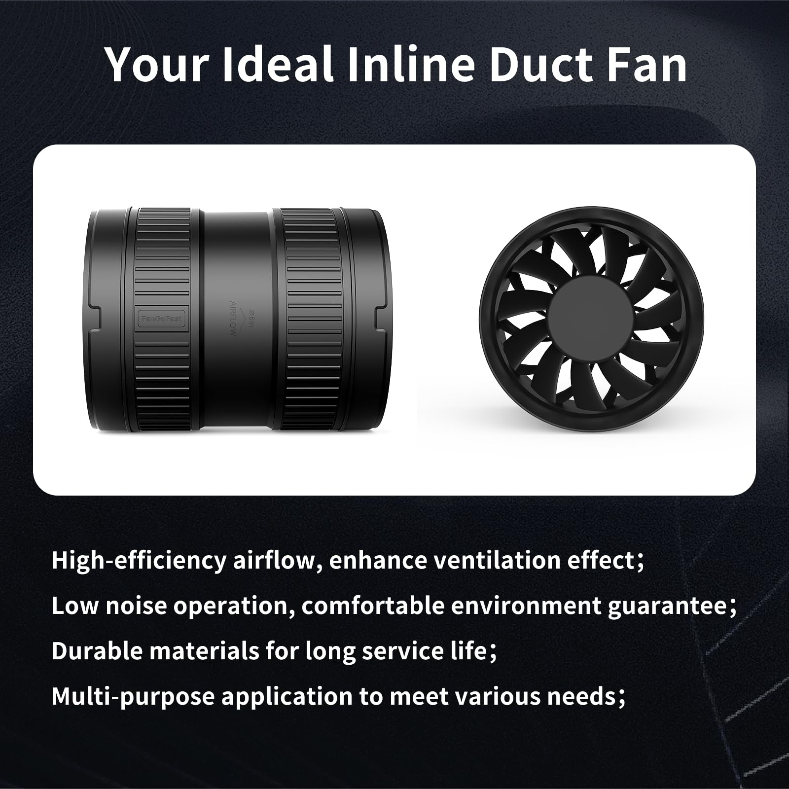 6 Inch Inline Duct Fan 345CFM Airflow with Stepless Speed Control Low Noise E…