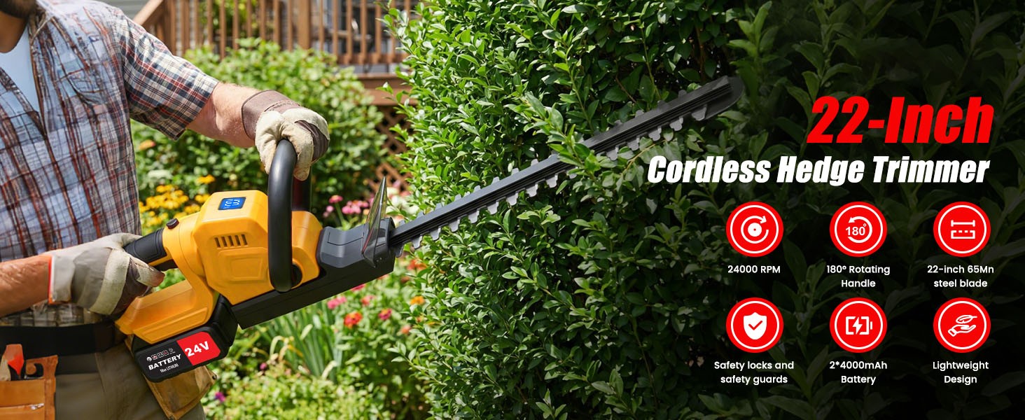 22Inch Cordless Hedge Trimmer Cordless Electric Hedge Trimmer w/2* 24V Battery