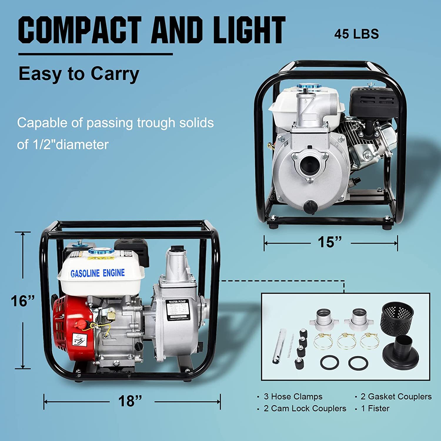 2″ 6.5 HP 4-Stroke Gasoline Semi-Trash Water Pump High-Pressure Transfer Pump