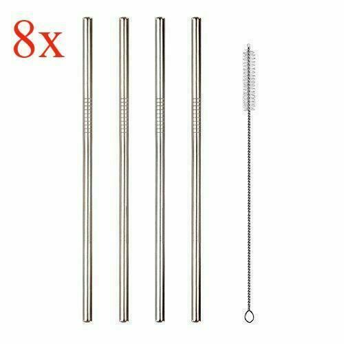 (8 Pack) Reusable 8.5in Drinking Straws Stainless Steel Metal Straw +Clean Brush