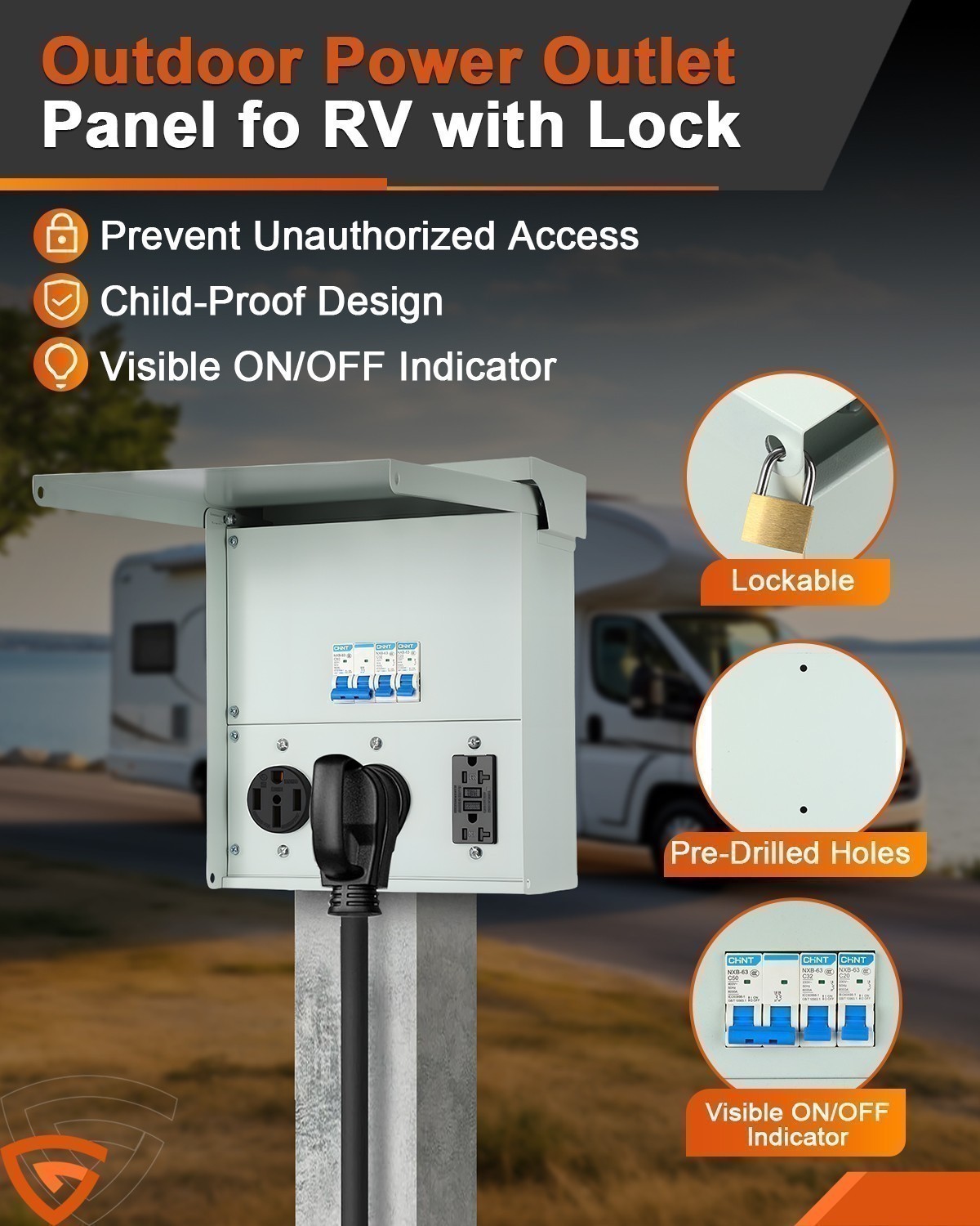 RV Electrical Outlet Panel with Breaker, Temporary Power Outlet 20/30/50 Amp