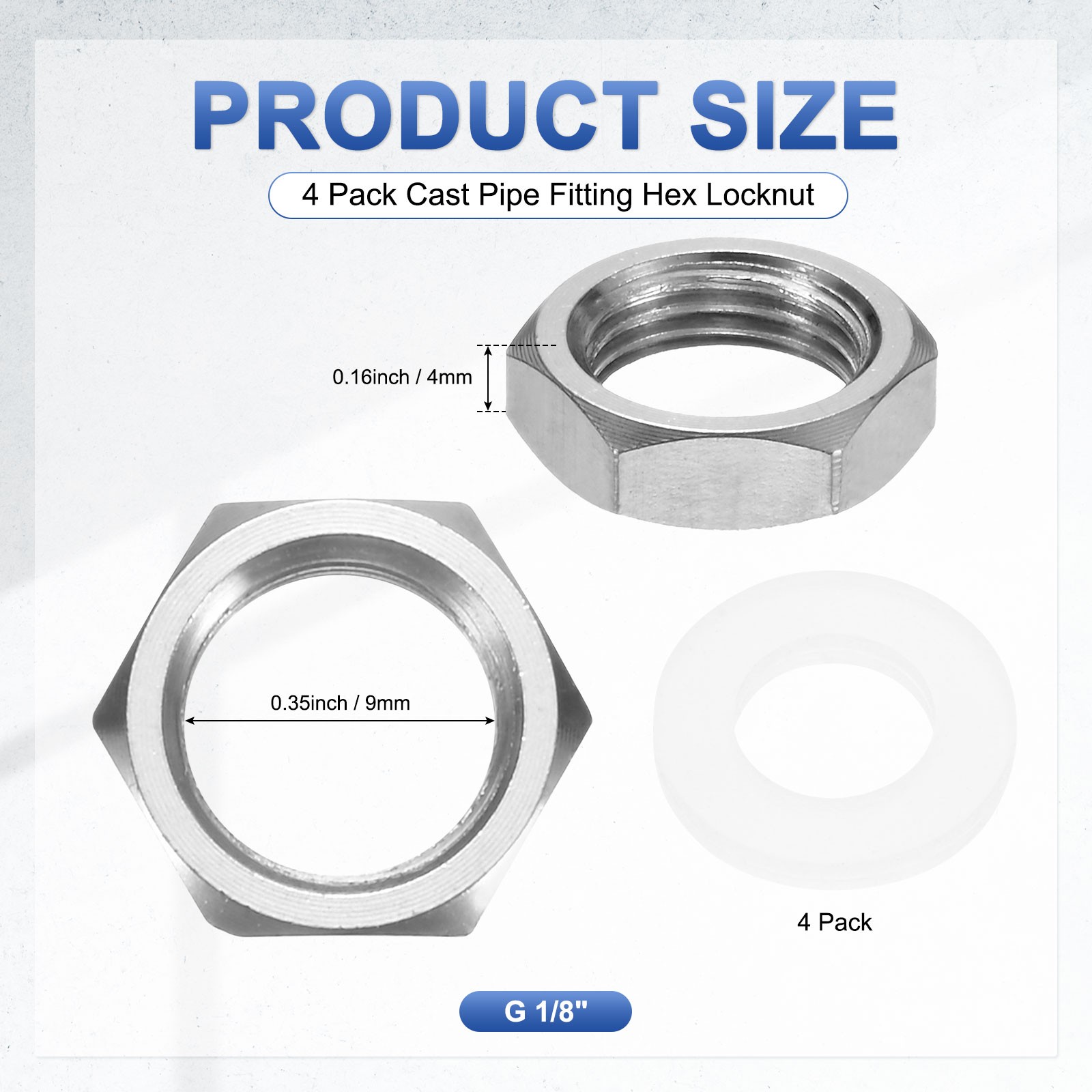 4 Pcs 304 Stainless Steel G 1/8″ Thin Pipe Fitting Hex Locknuts with Washer