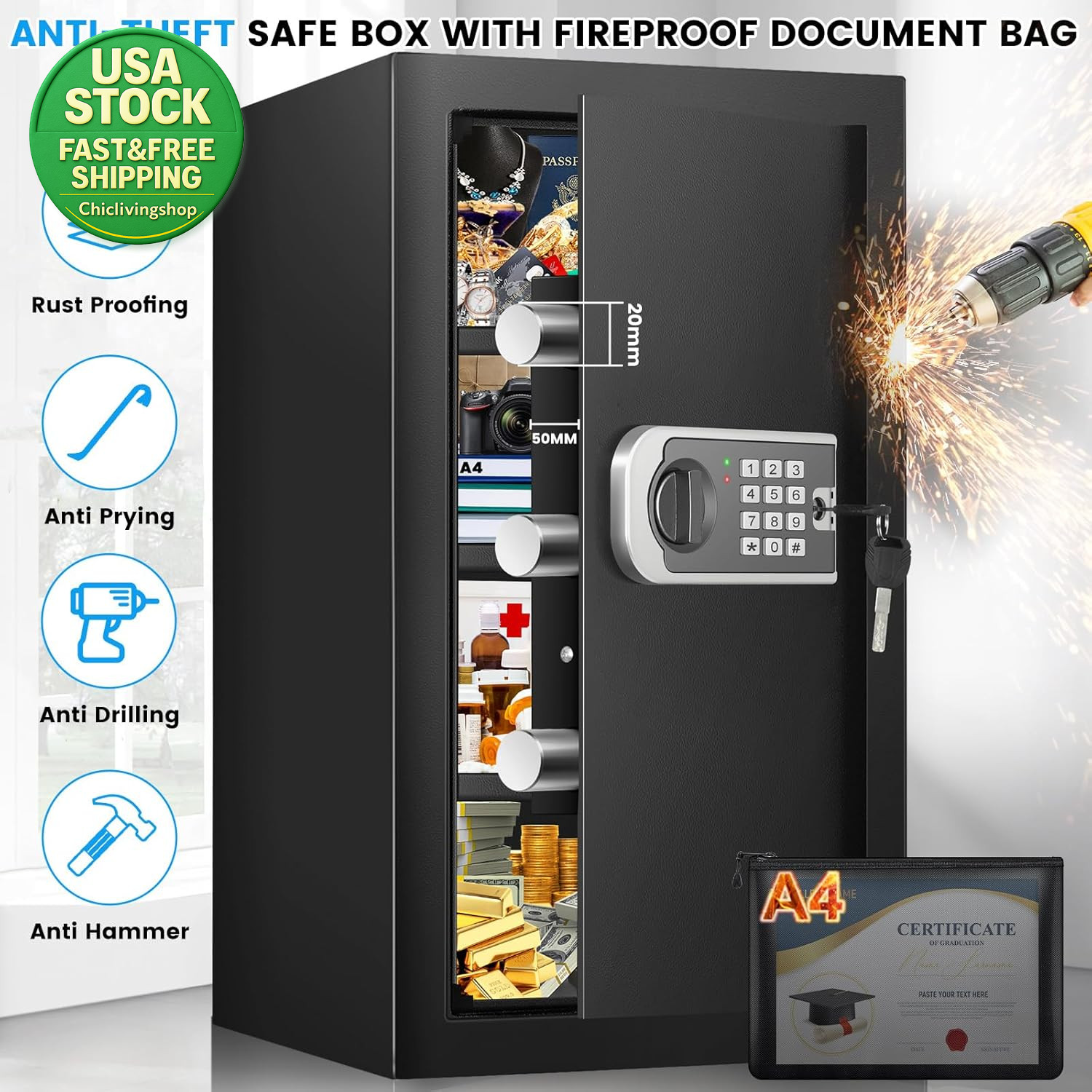 Large Home Safe 4.6 Cuft Fireproof Waterproof Security Box Digital Keypad