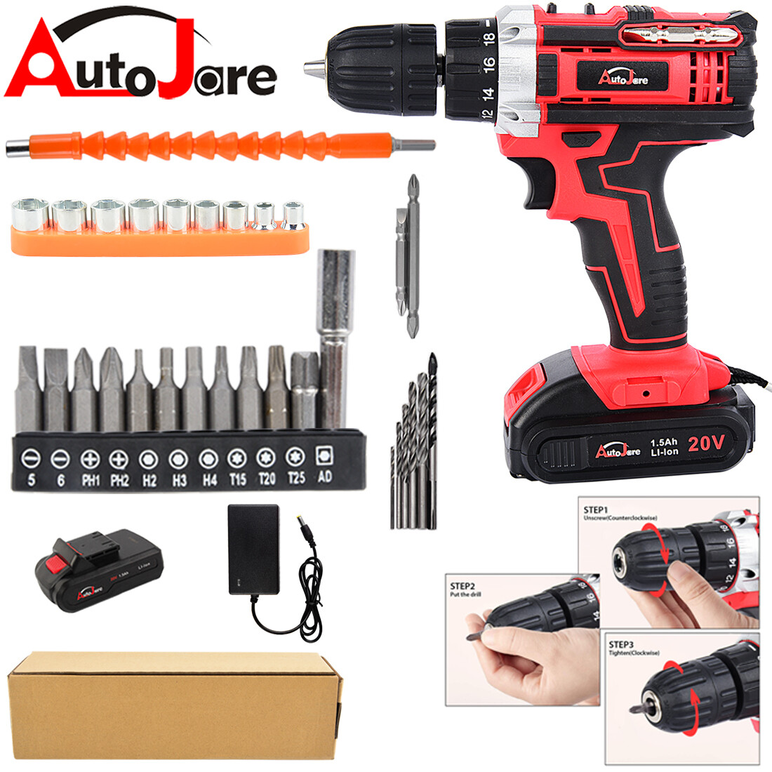 20V Electric Drill Cordless Fast Screwdriver Set Power Tool W/ Battery&Charger