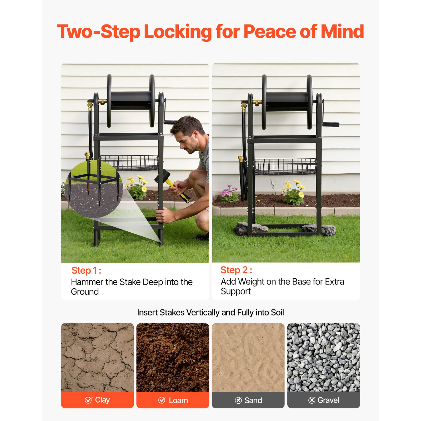 Uimoso Freestanding Hose Reel for 125 ft of 5/8-inch Hose, Wall-Mount Option