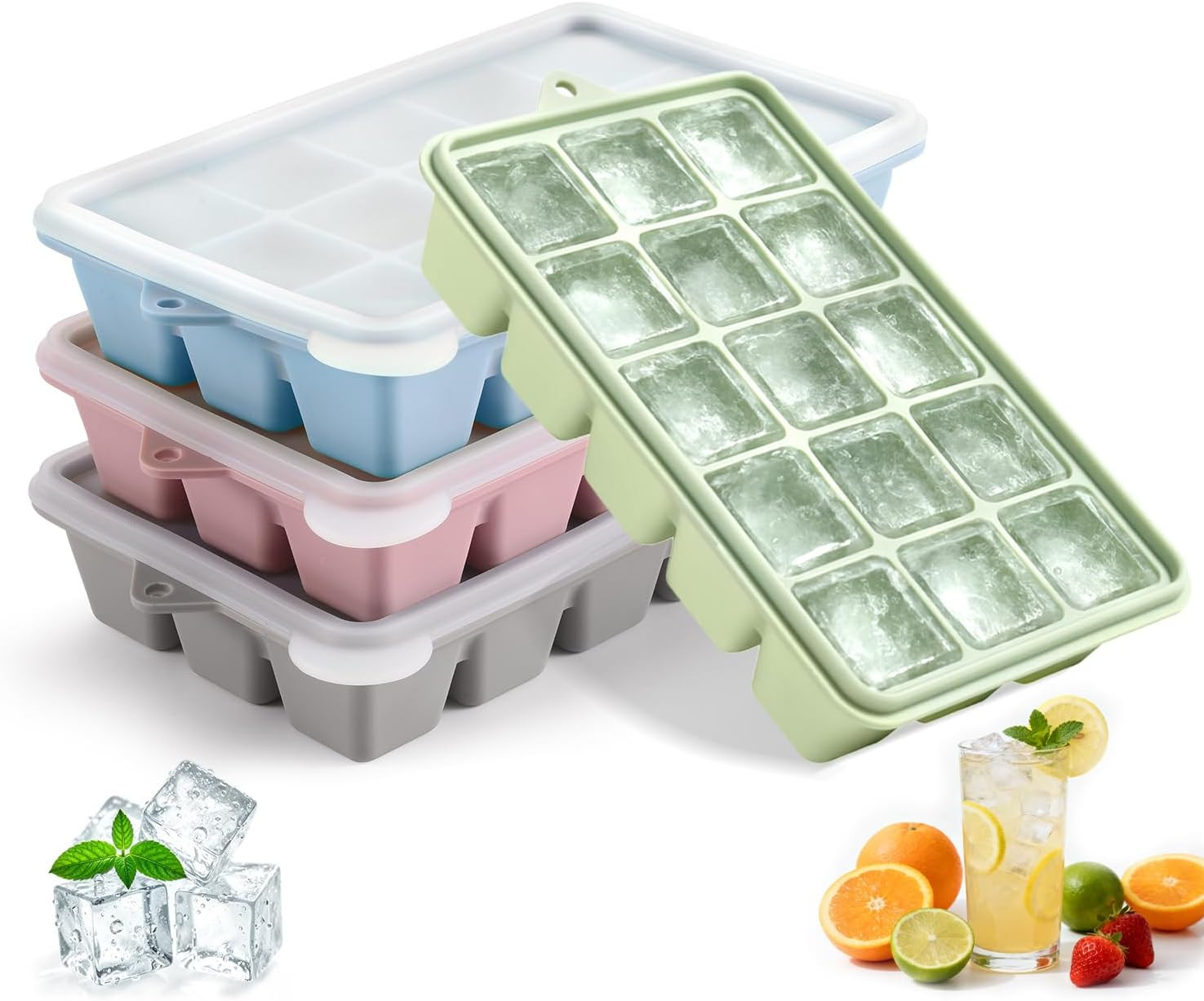 4-Pack Silicone Ice Cube Trays with Lid, Easy Release Ice Cube Molds, Reusable a
