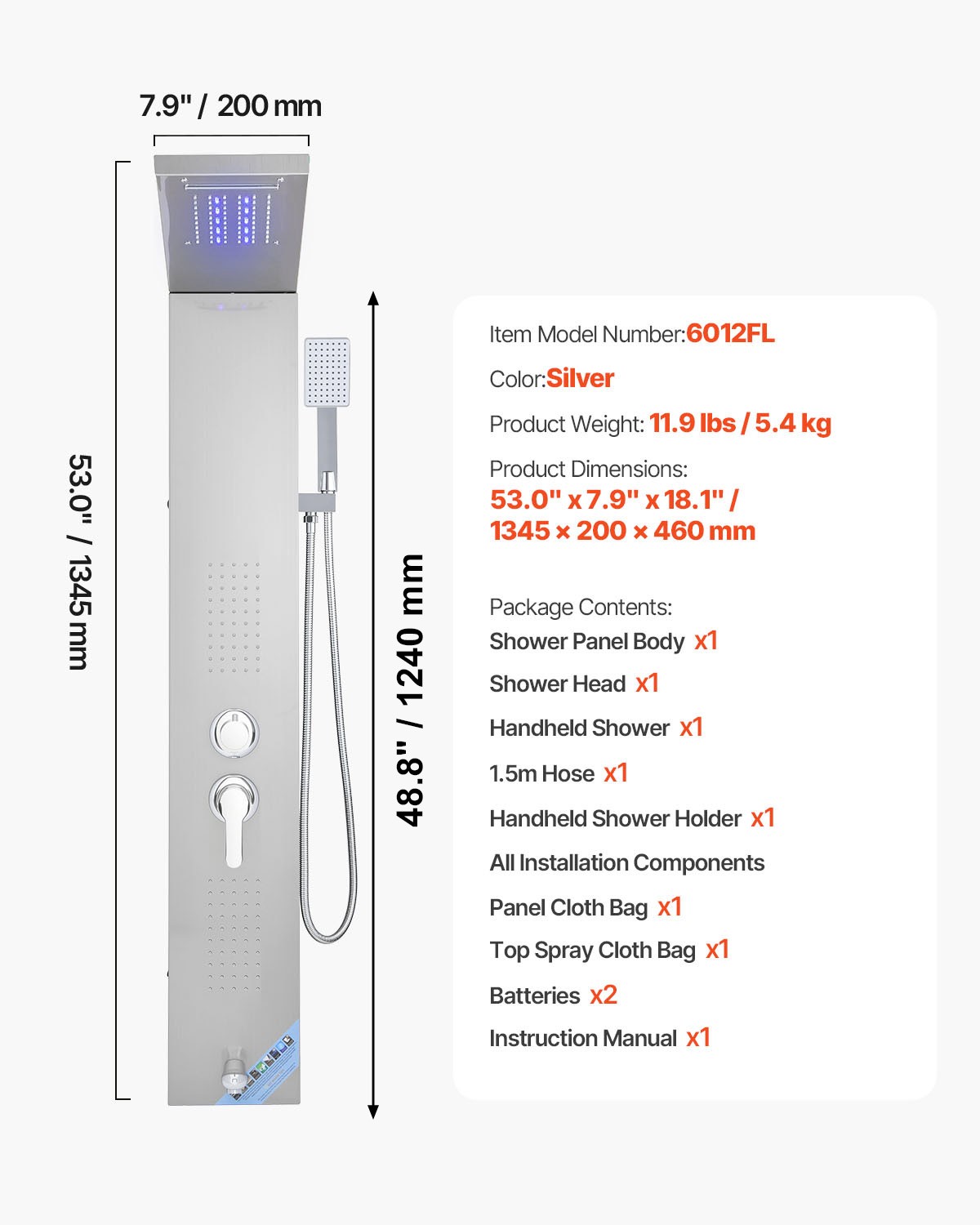 VEVOR Shower Panel Tower System Stainless Steel Column Rainfall Waterfall Head