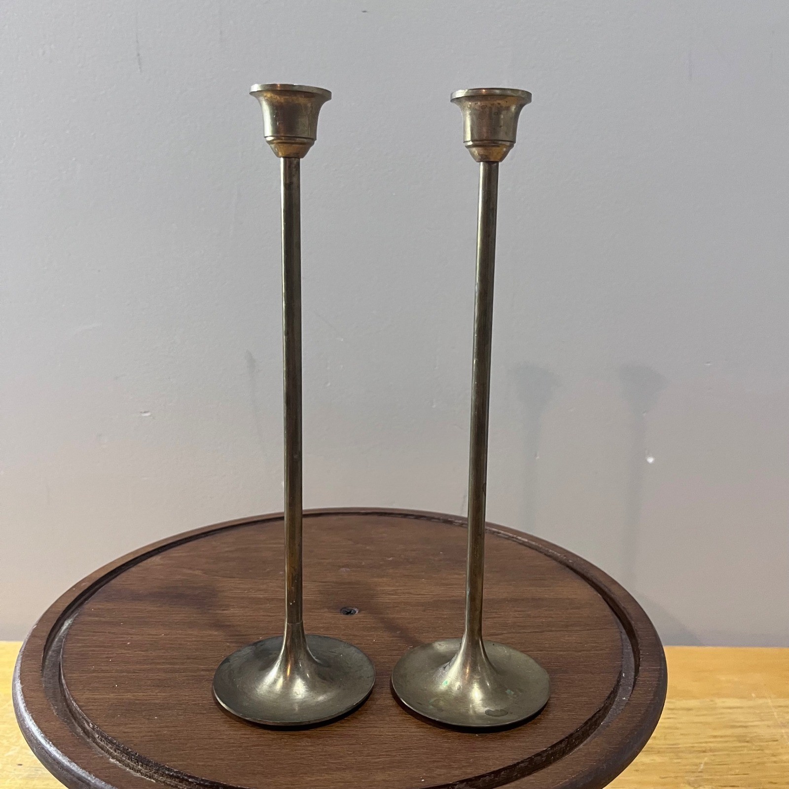 Vtg Mid Century Modern Tall Slender Brass Taper Candlestick Holders Set of 2 9″