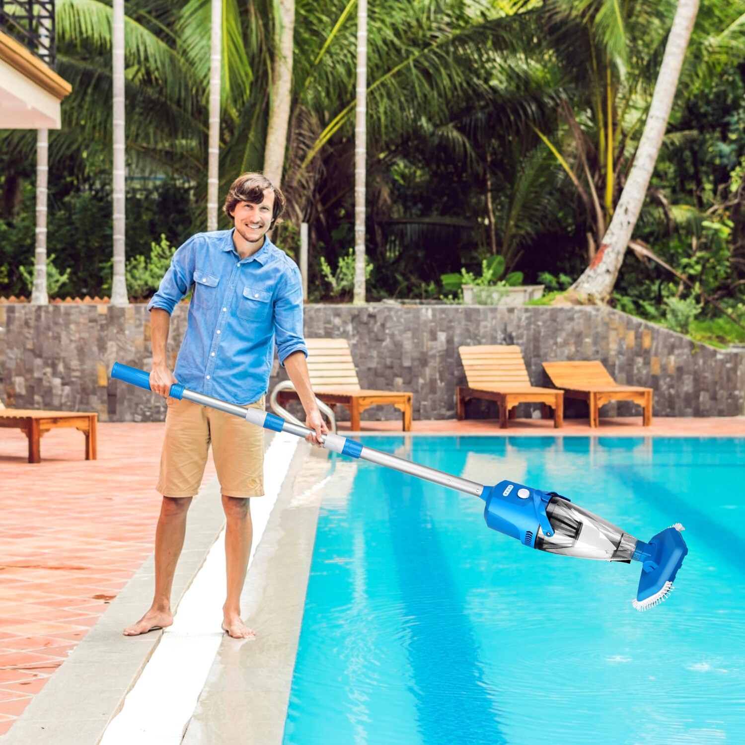 Cordless Pool Vacuum with Telescopic Pole Powerful Suction IPX8 Waterproof