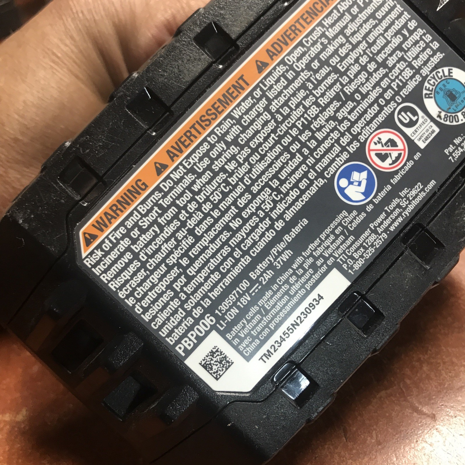 Use Genuine OEM Ryobi PBP006 18V 2Ah Lithium Battery Full Testes Charged