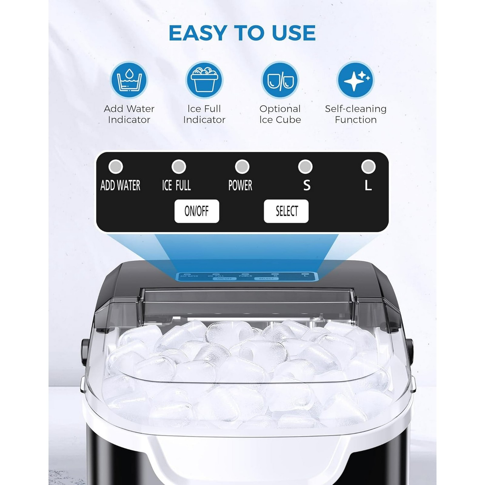 Portable Ice Machine with Self-Cleaning, 26.5 lbs/24Hrs, 8 Ice Cubes in 6 Mins
