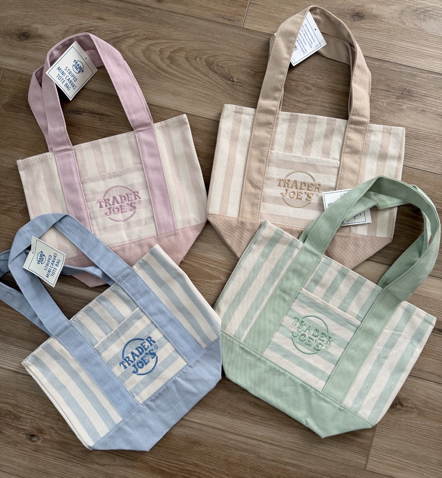 Trader Joe’s MINI PASTEL STRIPE CANVAS TOTE BAGS Set of 4 PINK BLUE GREEN BEIGE