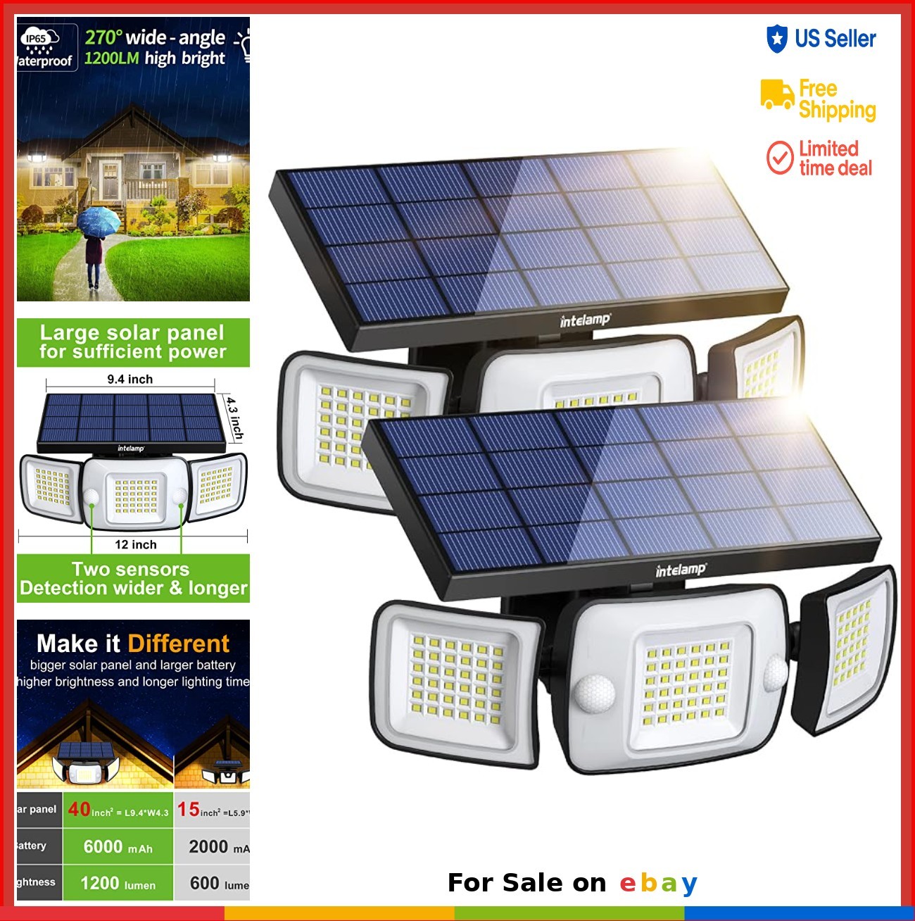 Solar Flood Lights 6000mAh Motion Sensor Dual Sensors 270 Degree 3 Modes
