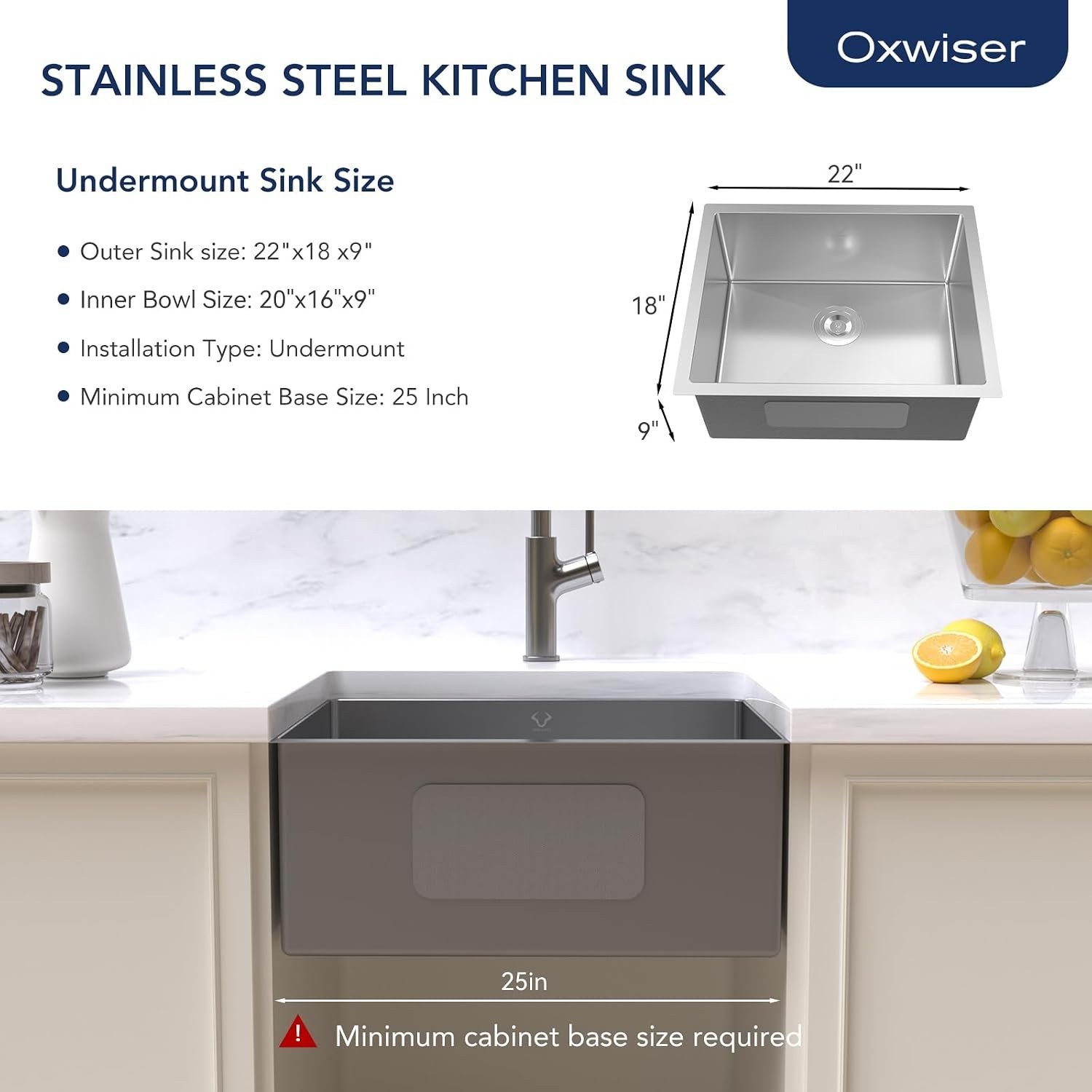 22″ Undermount Kitchen Sink 16 Gauge Stainless Single Bowl Utility Laundry