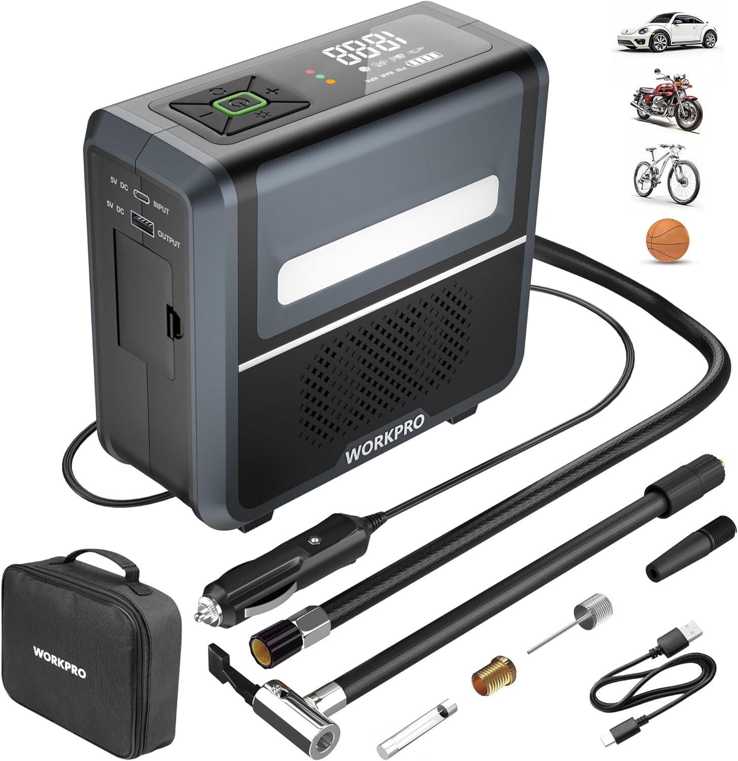 WORKPRO Tire Inflator Portable Air Compressor-12V w/7500mAh Battery150PSI 3-in-1
