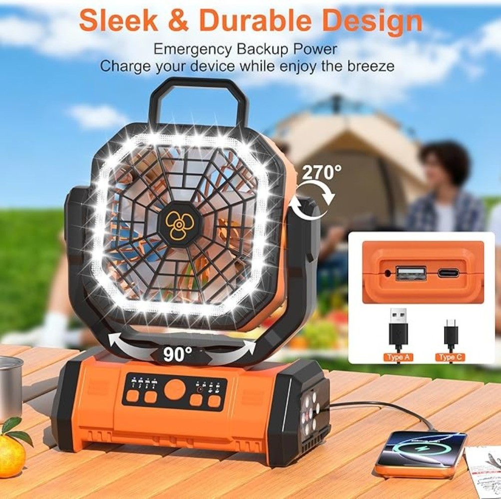 20000mAh Camping Fan Rechargeable Portable Fan with Remote LED Lights & 4 Speeds