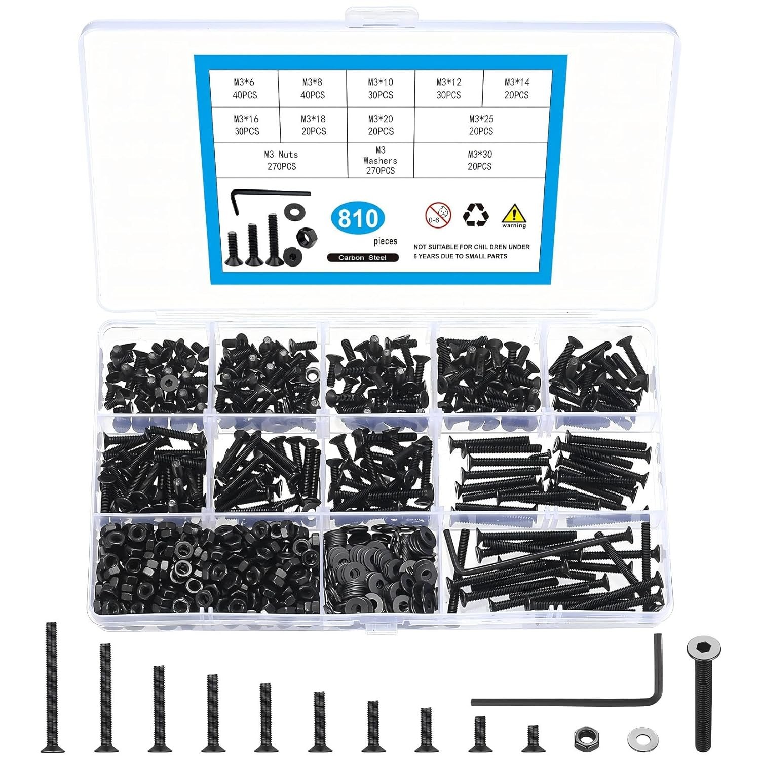 M2 M2.5 M3 Hex Socket Cap Screws Bolts Nut Washer Assortment Kit for DIY Project