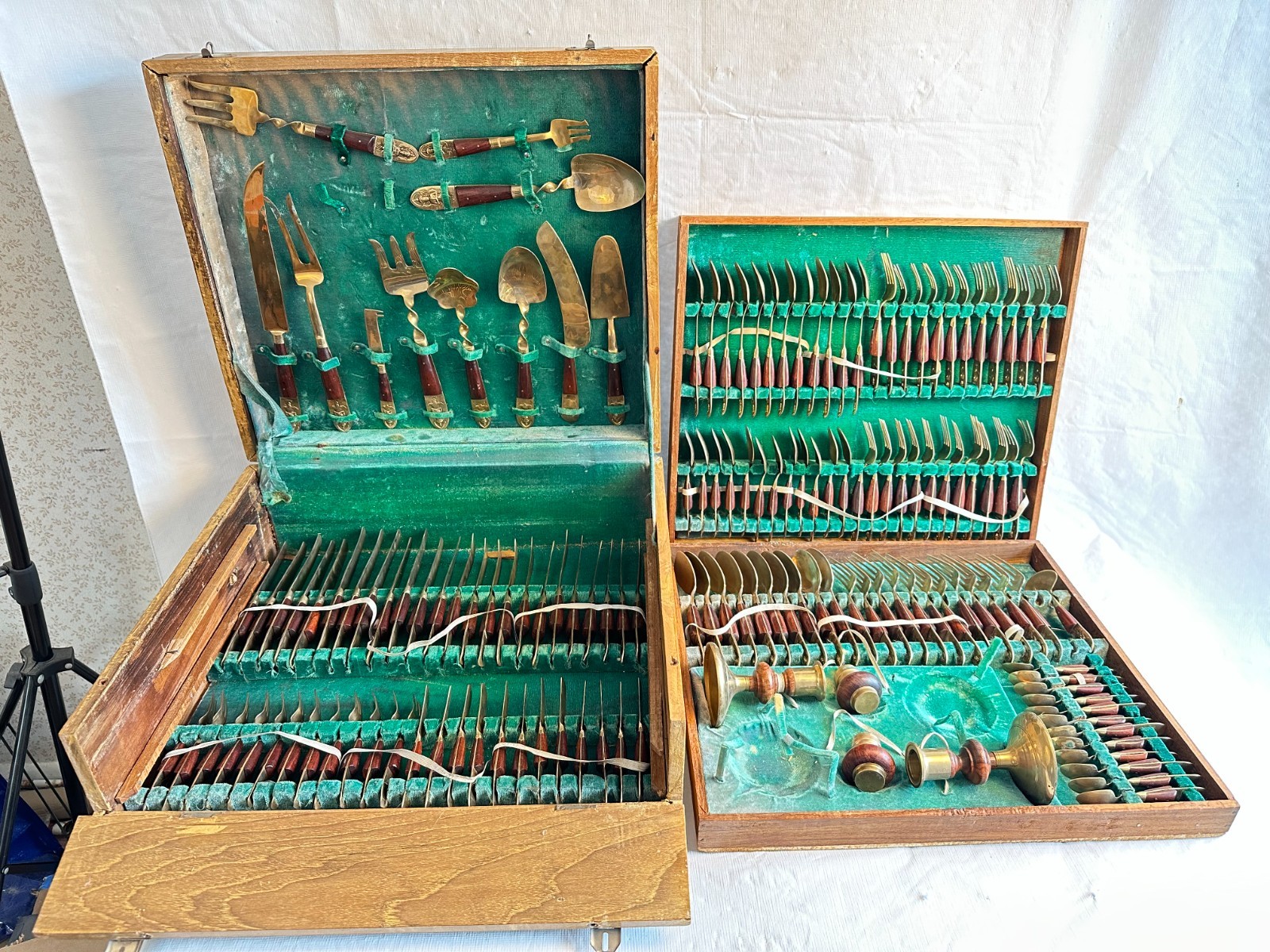 Vintage 146pc Set Thailand SIAM Brass Flatware w/ Rosewood Handles & Case