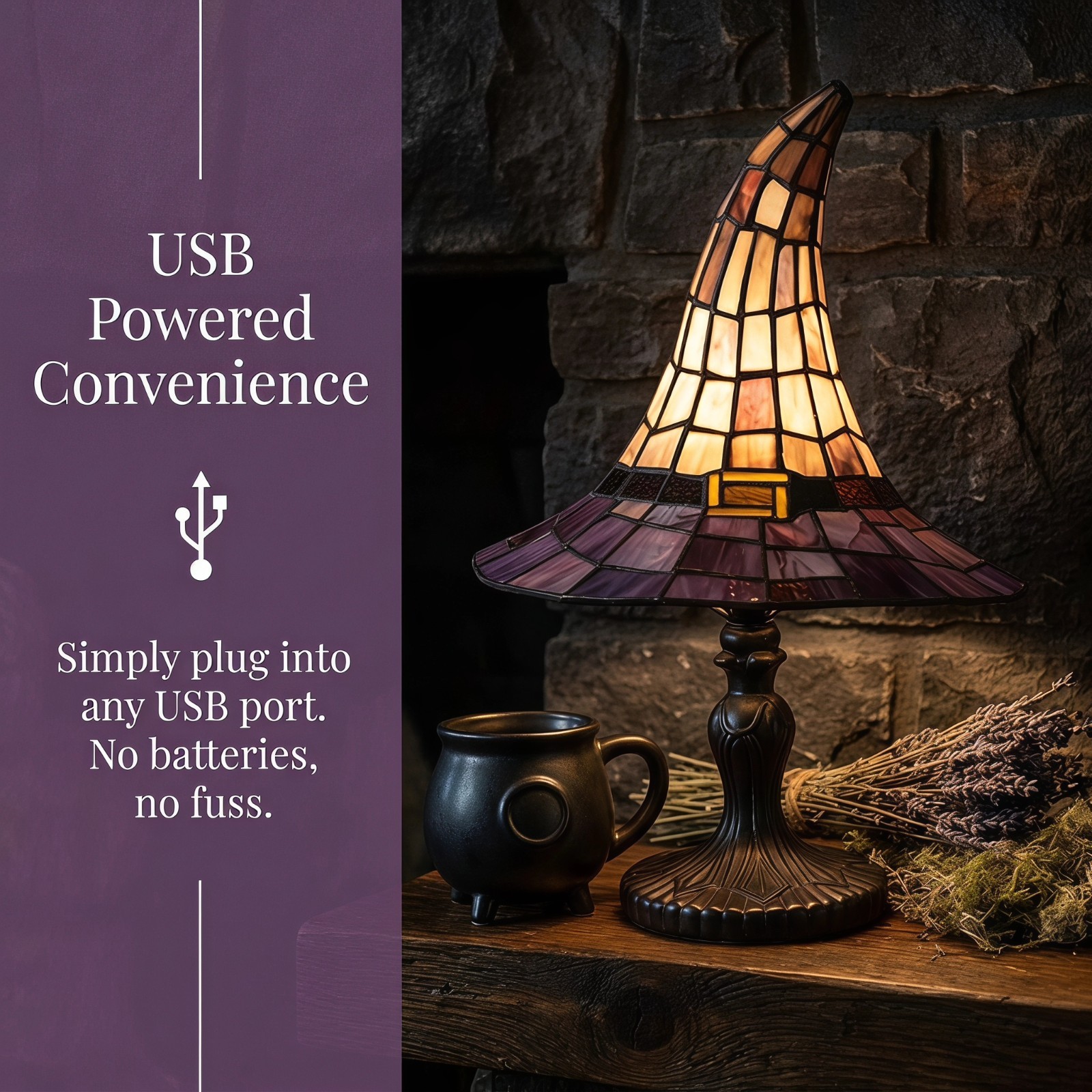 Stained Glass Witch Hat Lamp,USB Powered Gothic Wizard Hats Night Light