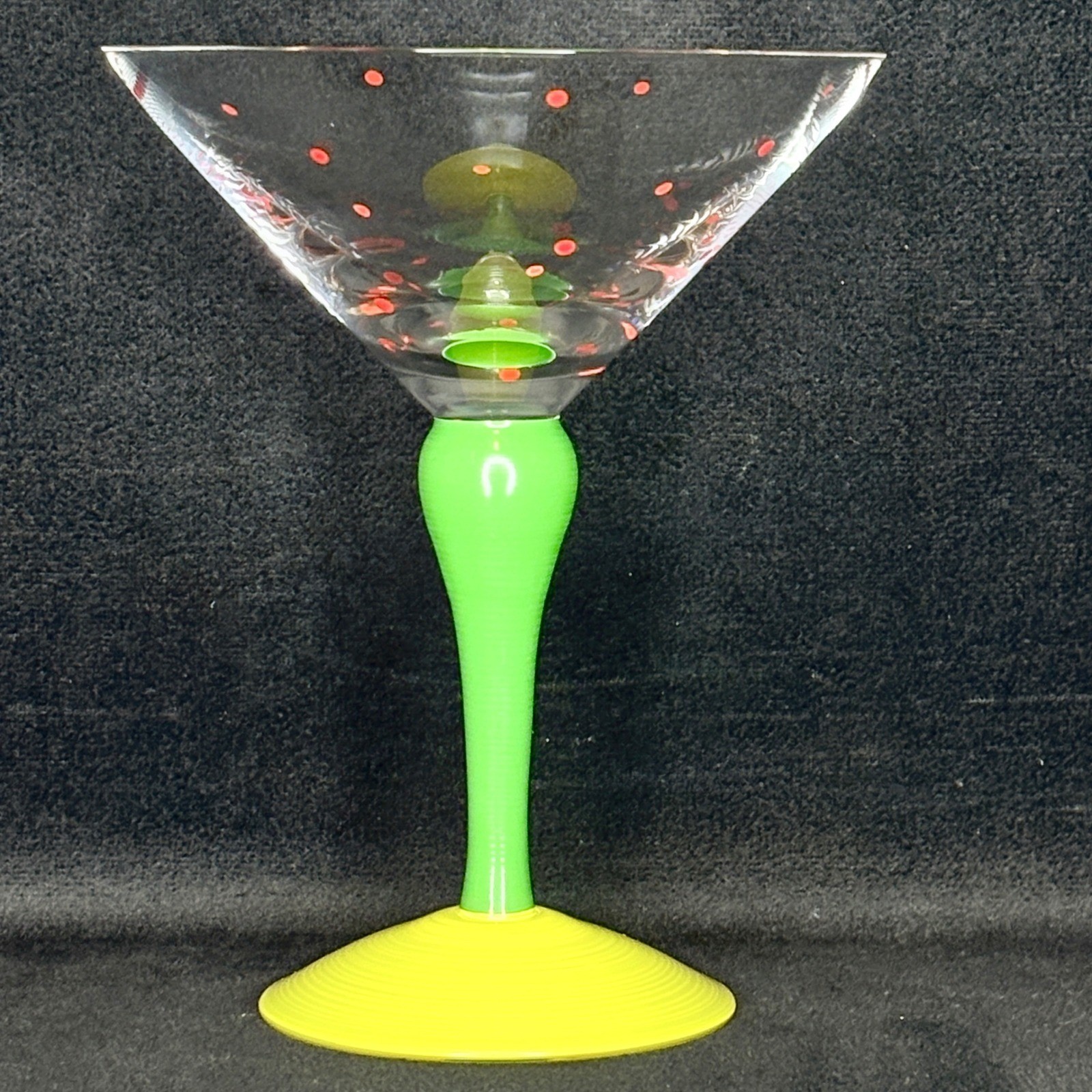 Orrefors Sweden Clown Martini Glass Anne Nilsson Signed Green Yellow Red Dot