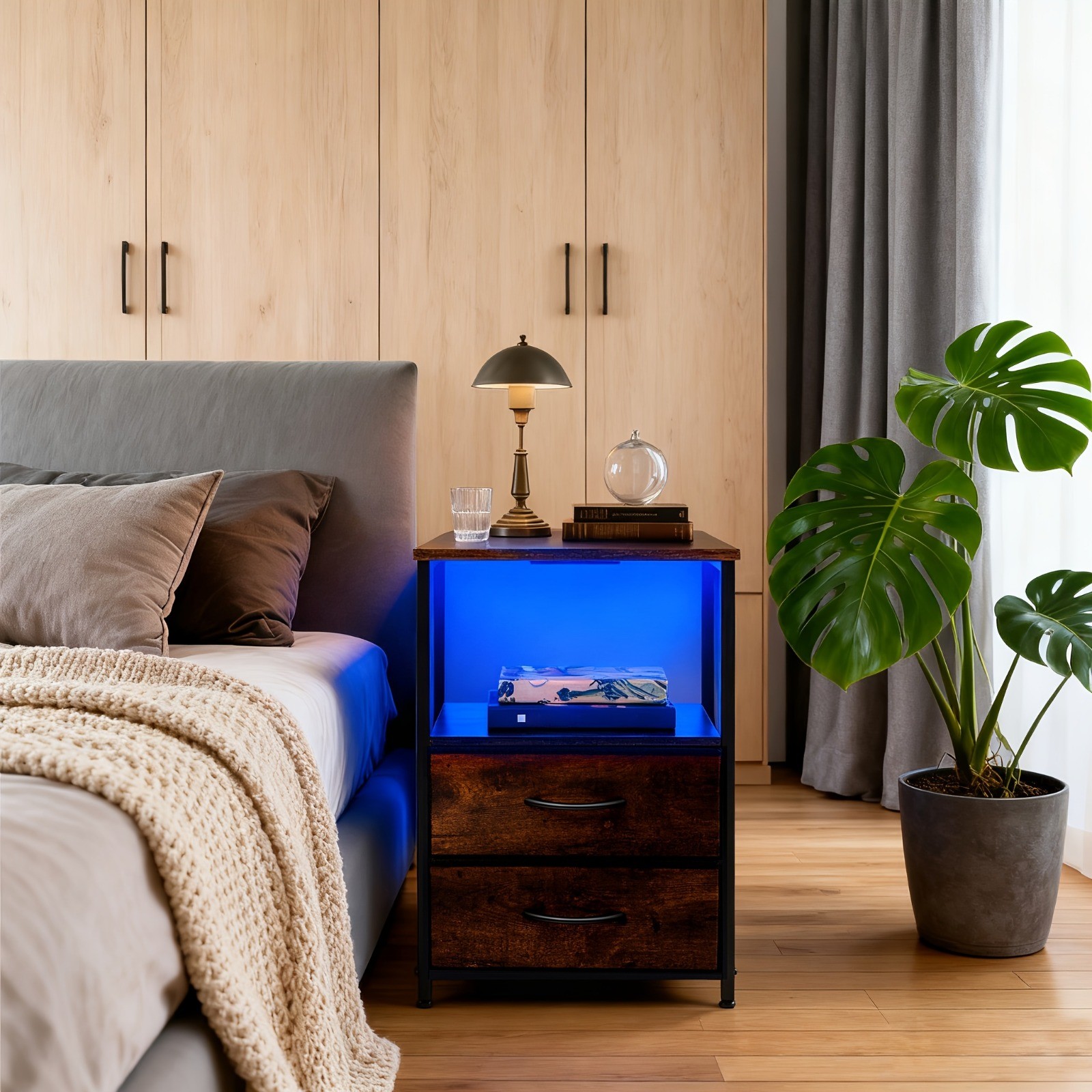 Nightstand Bedside Table W/ 2 Drawers Charging Station Shelf Bedroom Side Table