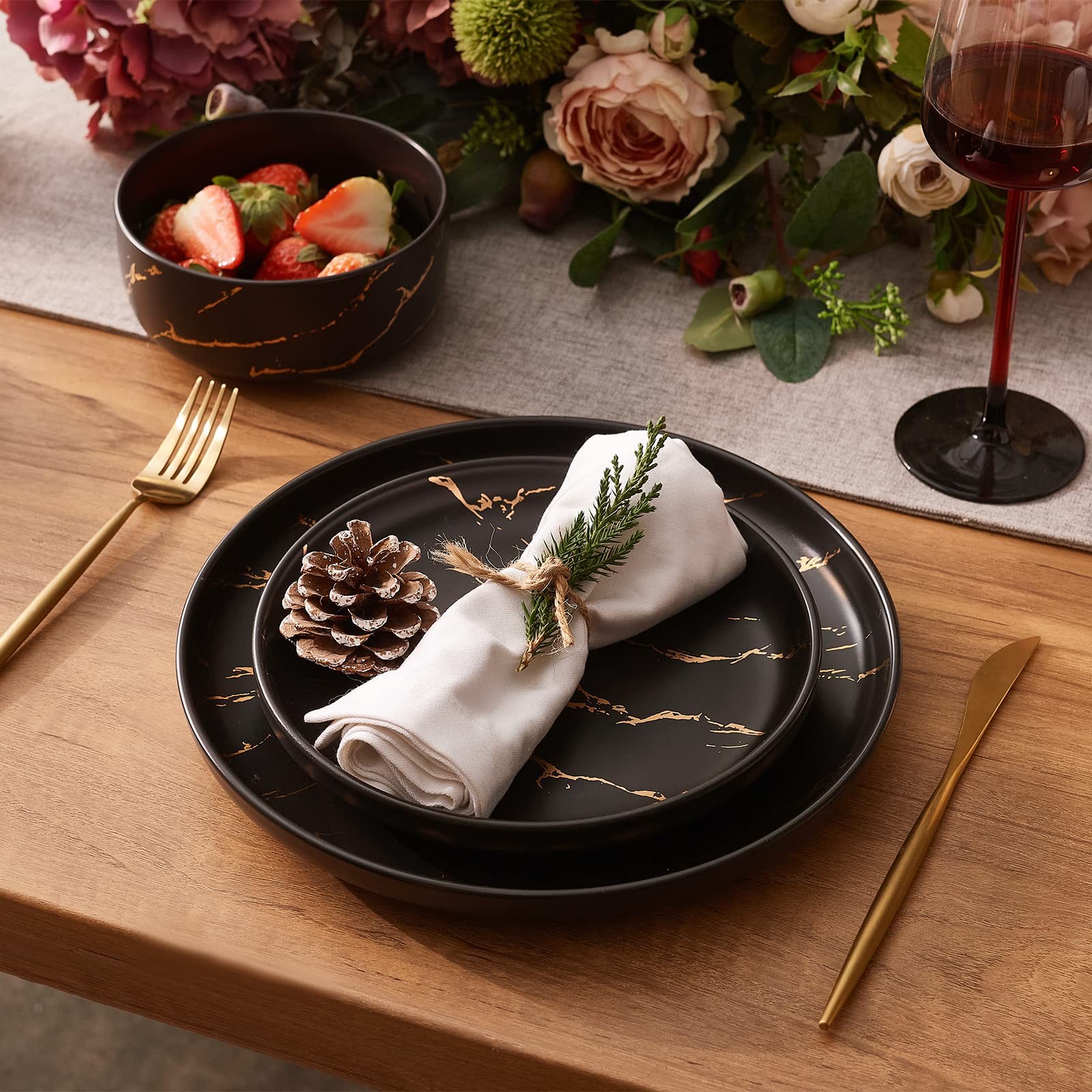 Pokini Black Gold Splash Dinnerware Sets, Marble Porcelain Plates and Bowls S…