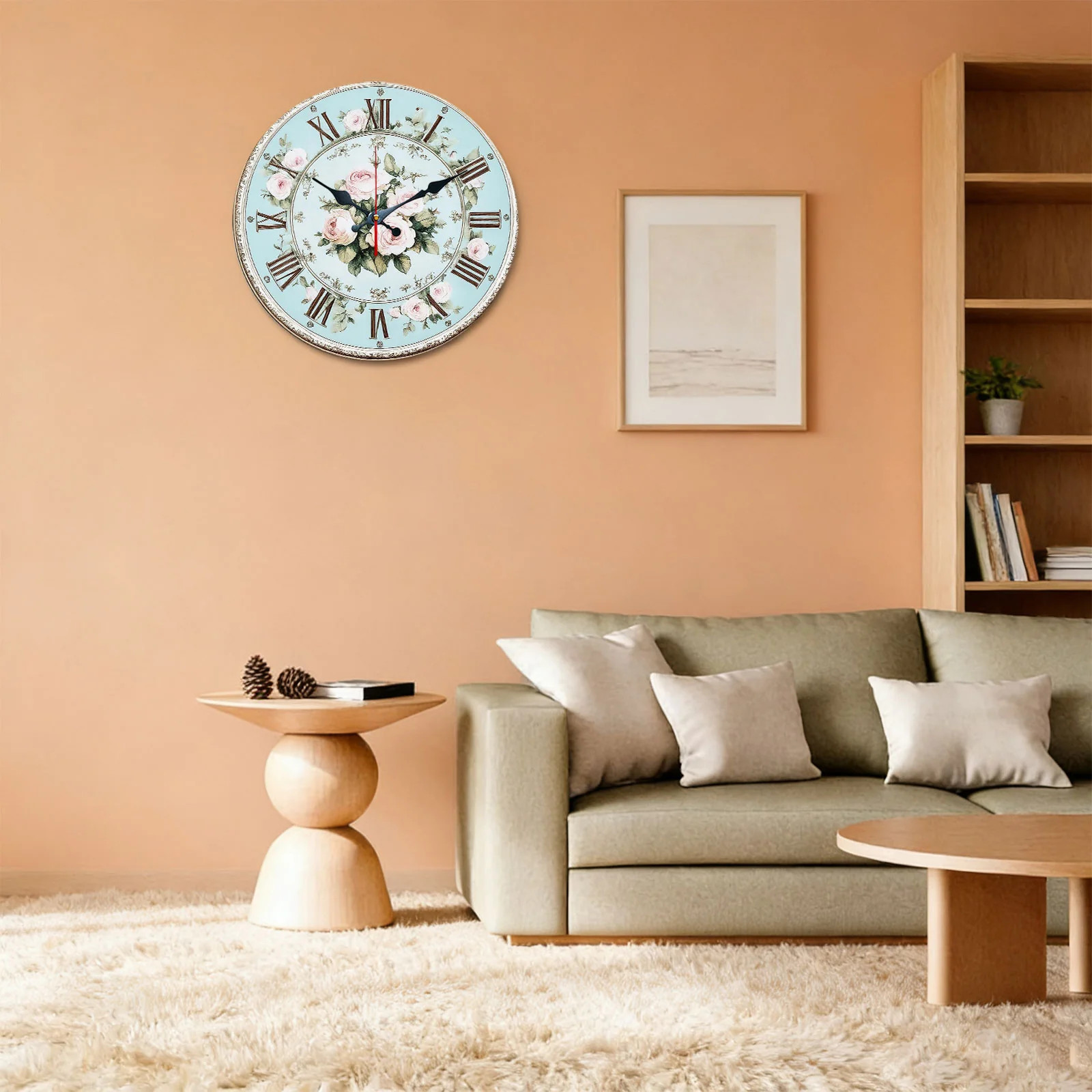 Pink Rose Pattern Wooden Silent Wall Clock No Battery Holiday Home Decors