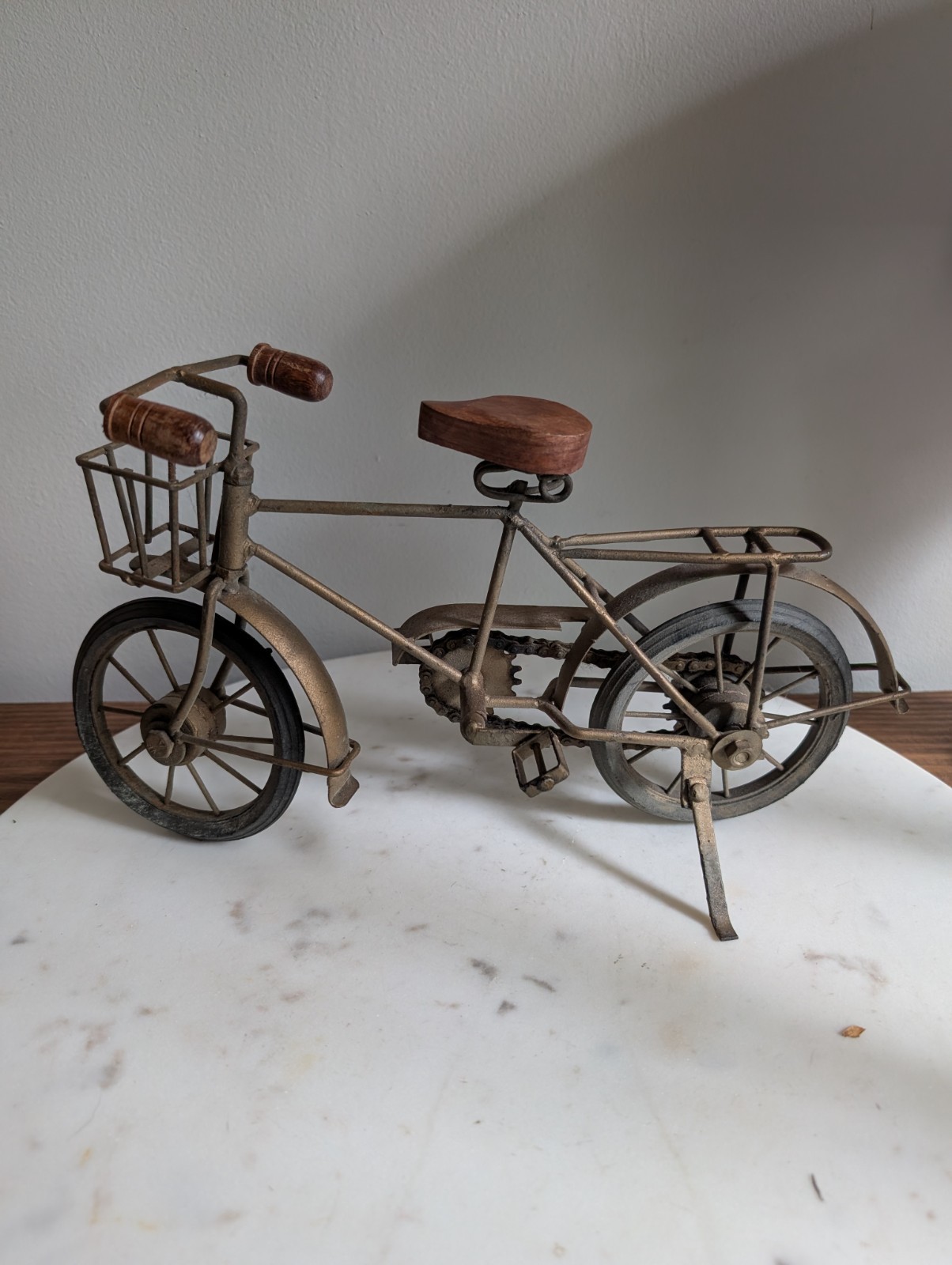 Miniature Metal Bicycle Sculpture Rustic Cottage Decor Wood Seat Basket Display