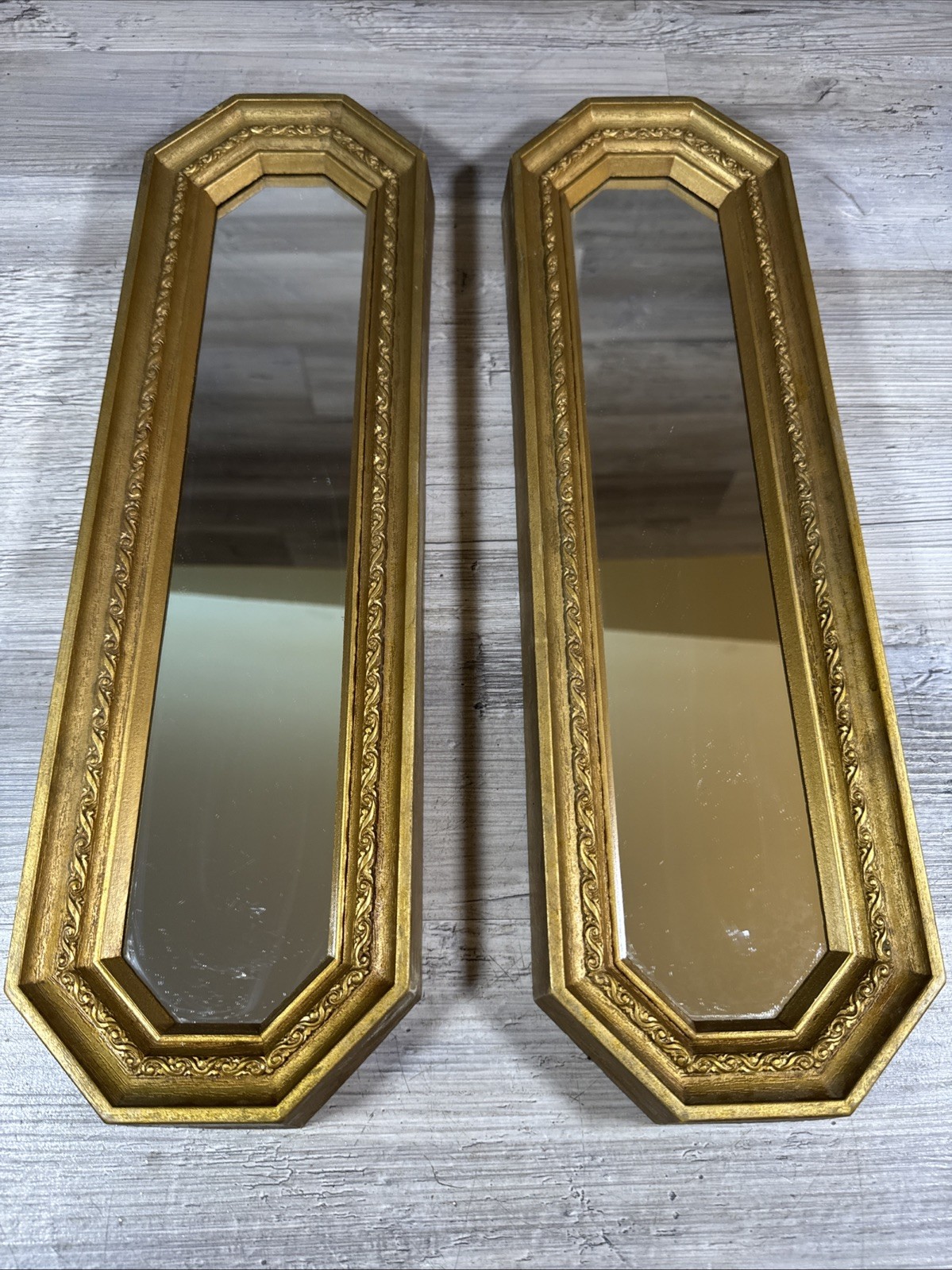 Pair Homco Octagon Mirror Gold Accent Plastic Hollywood Regency MCM 17.5 x 5.25