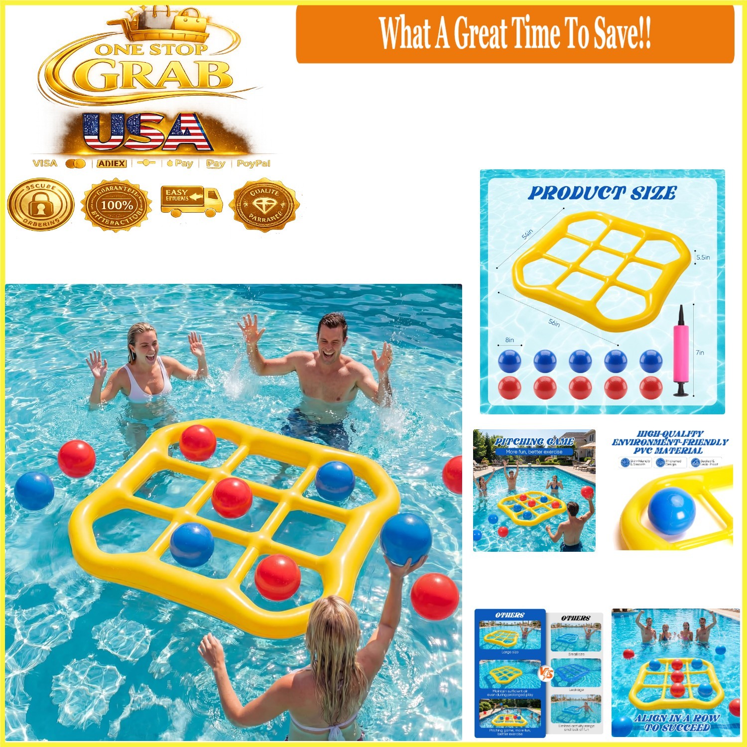 Inflatable Pool Tic-Tac-Toe Game Set with 10 Balls for Adults Kids Teens