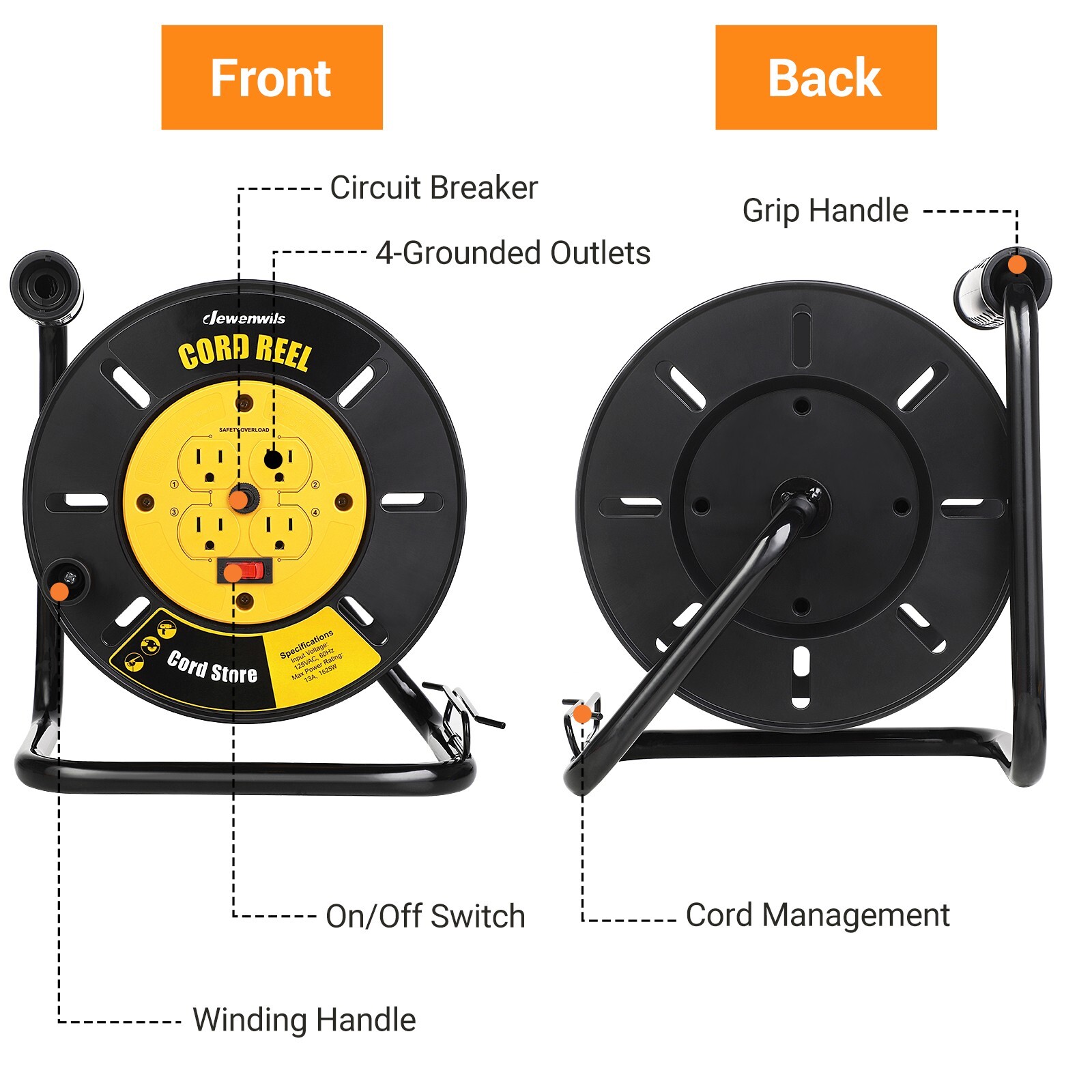 DEWENWILS Electrical Cord Extension Storage Reel with 4 Outlets Integrated Cord